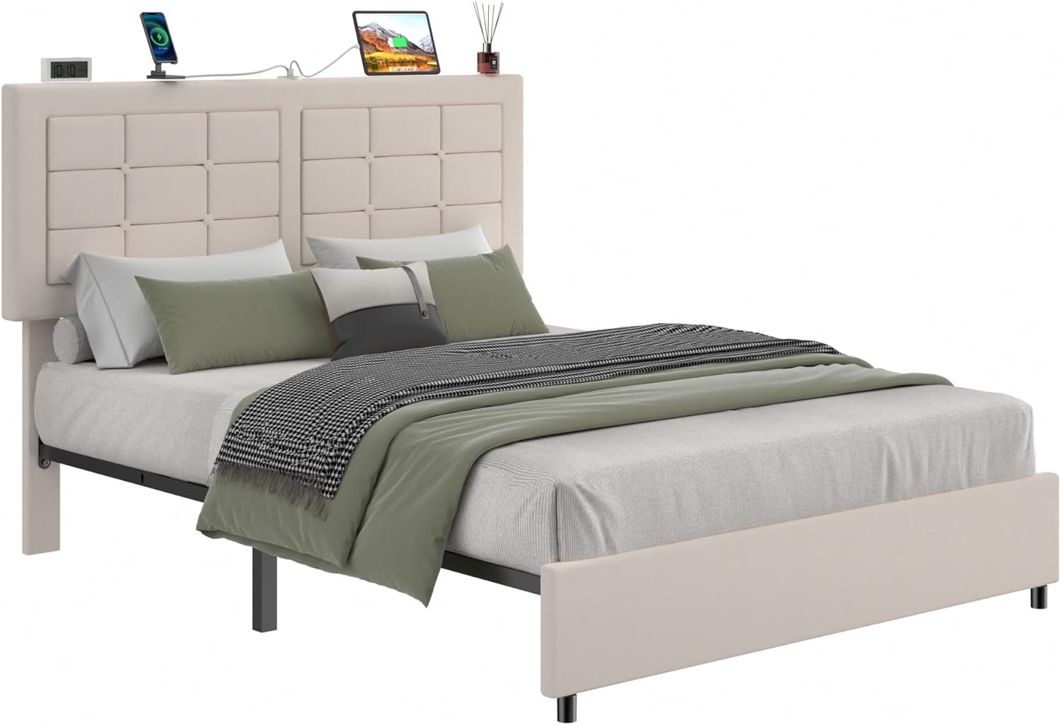 VECELO Bed Frame with 4 Drawers, Adjustable Tufted Button Headboard - VECELO