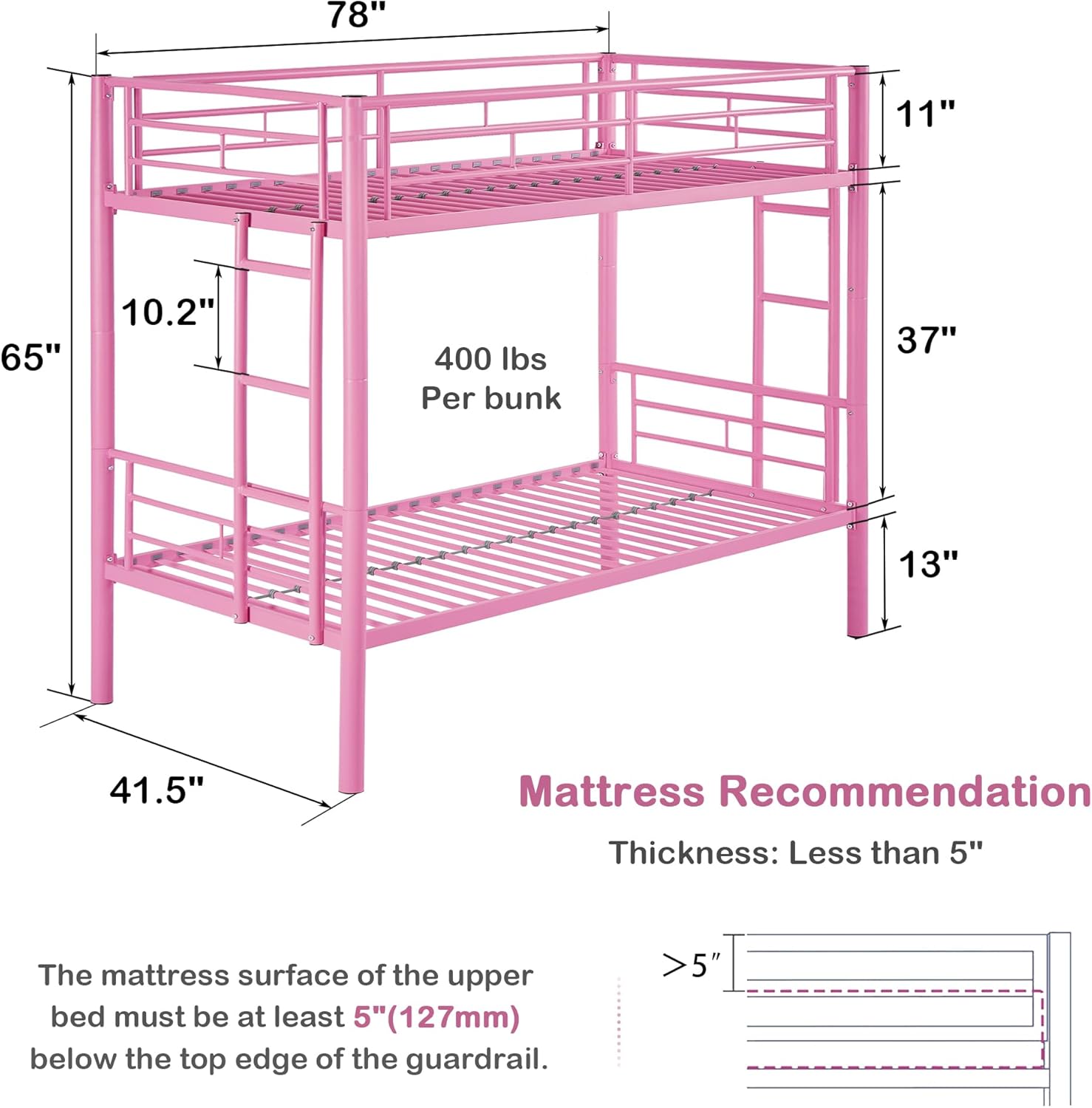 VECELO Metal Bunk Bed Twin Over Twin, Industrial Bunkbeds with Ladder and Full-Length Guardrail - VECELO