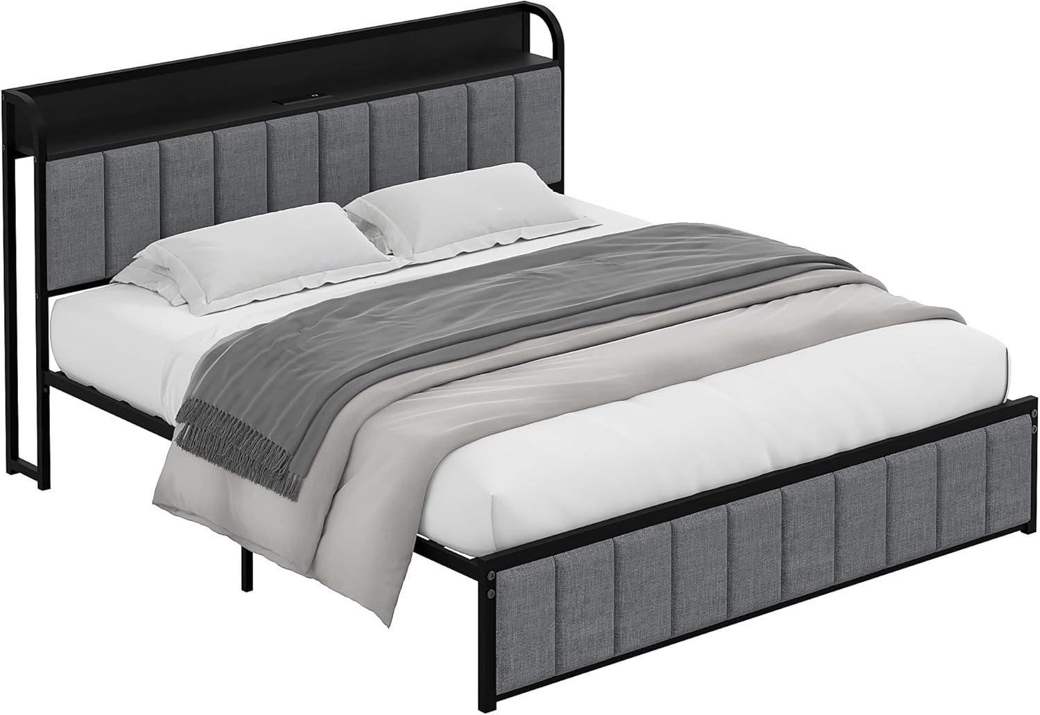 VECELO Twin Bed Frame, Storage Upholstered Headboard with Charging Station - VECELO