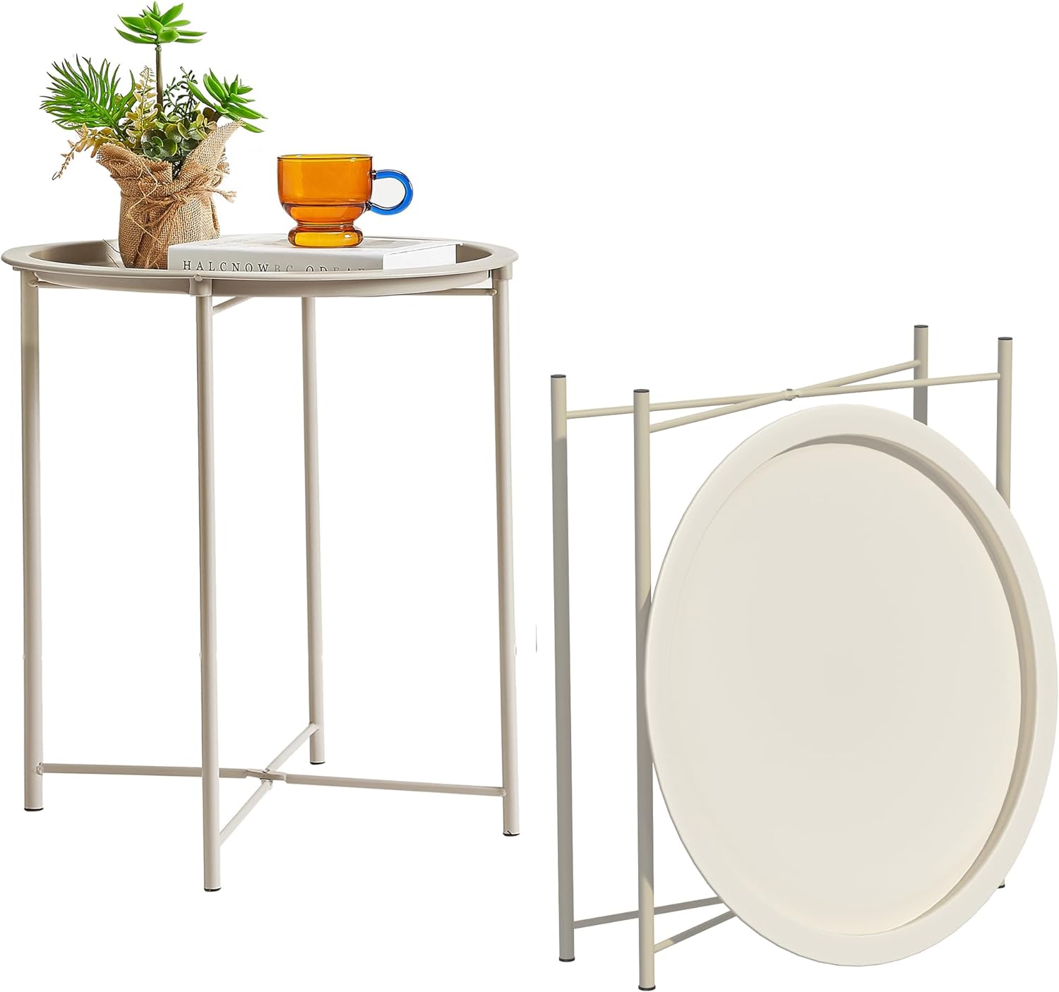 VECELO Metal Round End/Side Table with Removable Tray Small Folding Anti-Rust Nightstand - VECELO