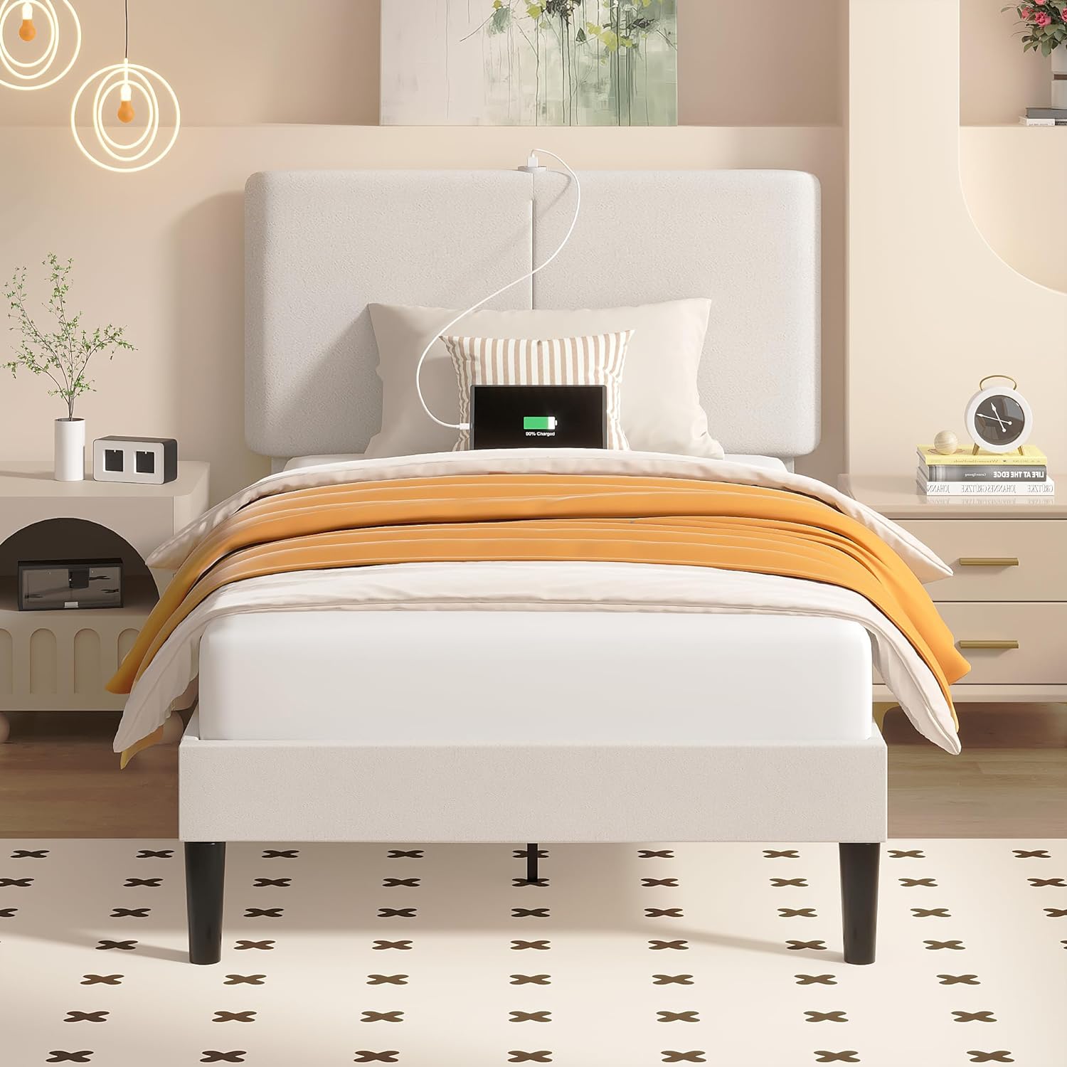 VECELO Twin/Full/Queen Bed Frame Upholstered Platform with Type-C & USB Ports Height-Adjustable Cotton and Linen Headboard - VECELO