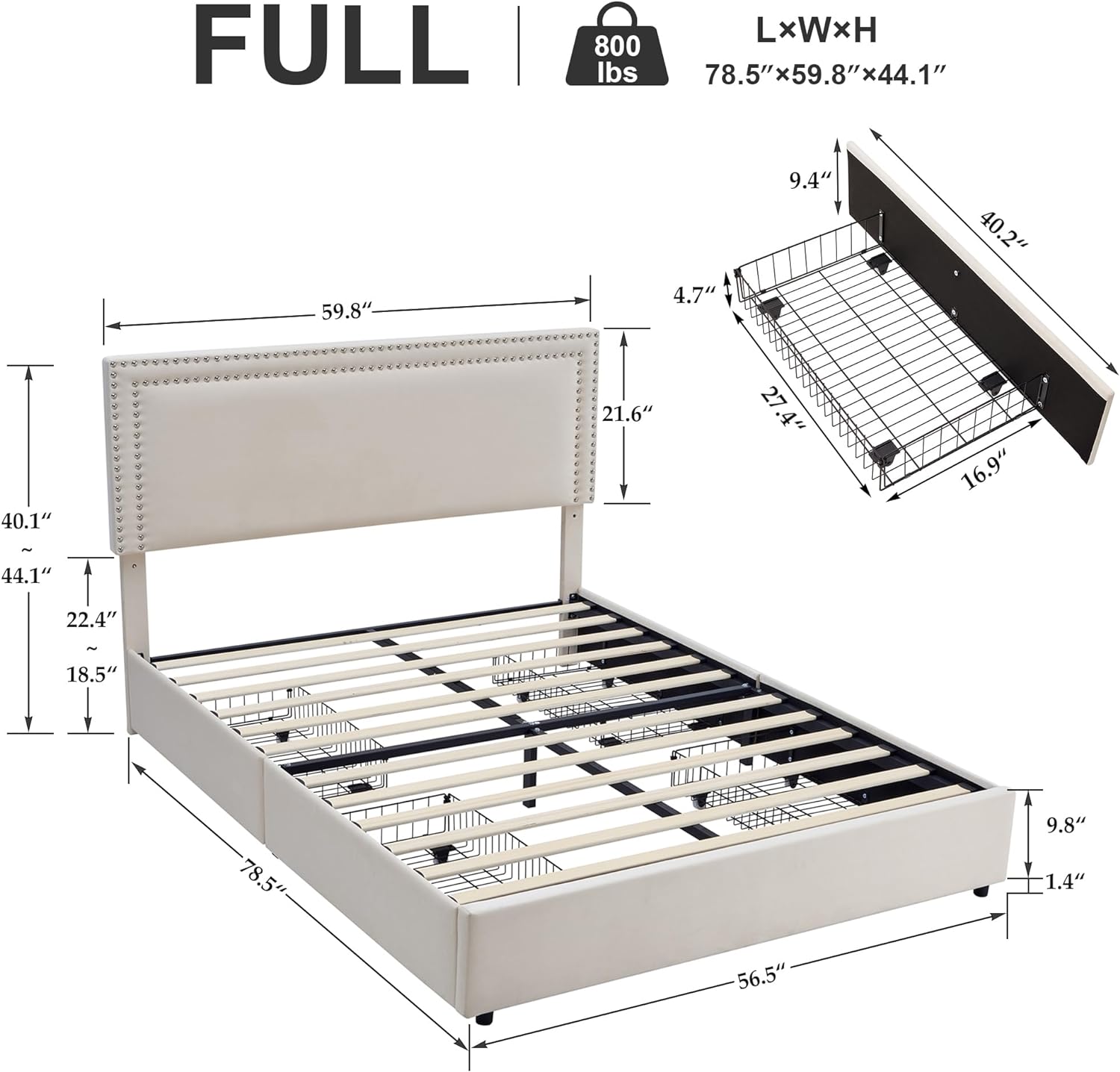 VECELO Upholstered Platform Bed Frame Platform with 4 Storage Drawers - VECELO
