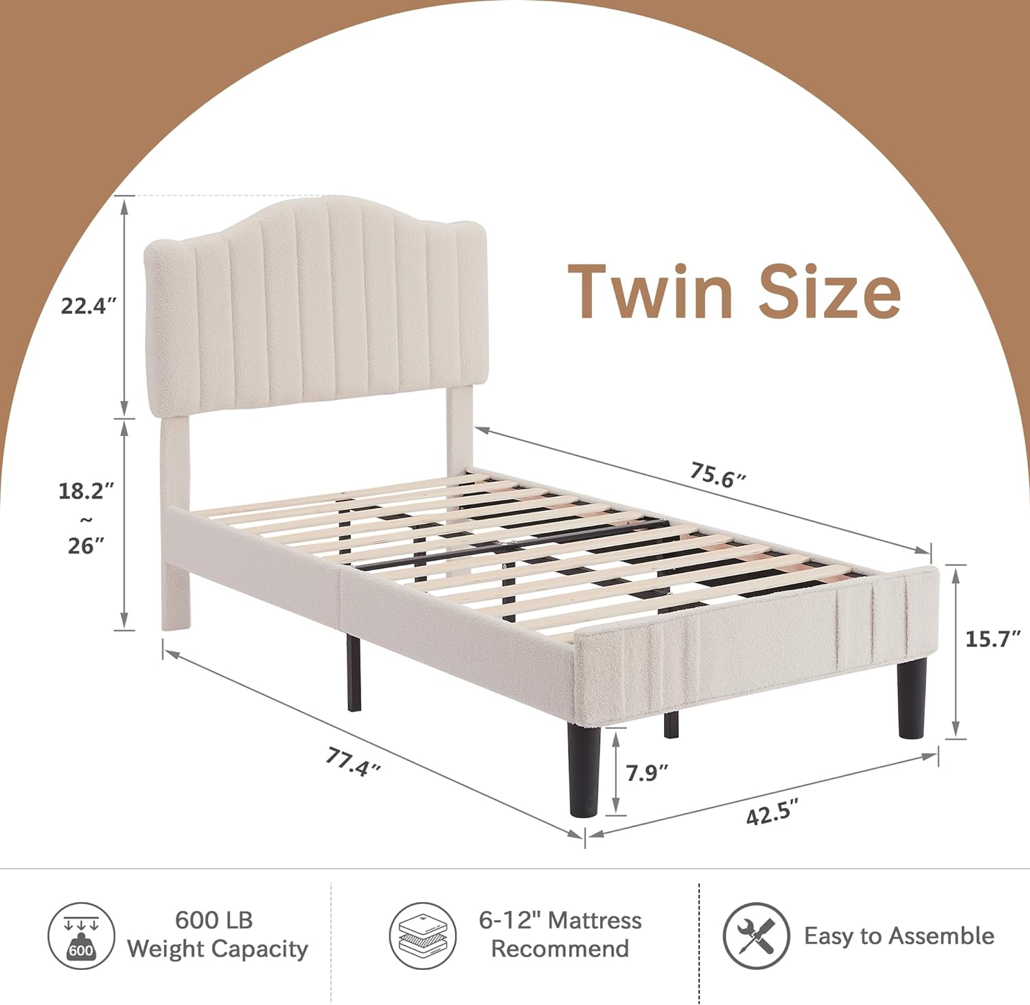 VECELO Upholstered Platform Bed Frame with Sheepskin Fabric Adjustable Headboard/Strong Wood Slats Supports - VECELO