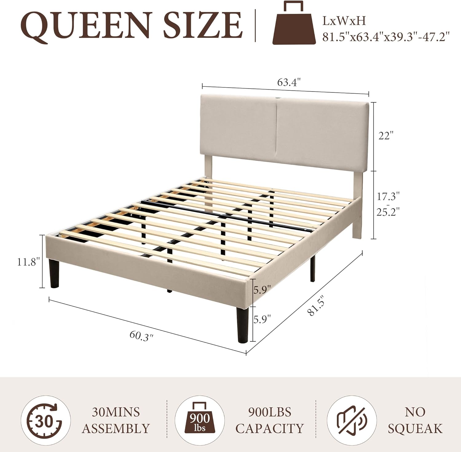 VECELO Twin/Full/Queen Bed Frame Upholstered Platform with Type-C & USB Ports Height-Adjustable Cotton and Linen Headboard - VECELO