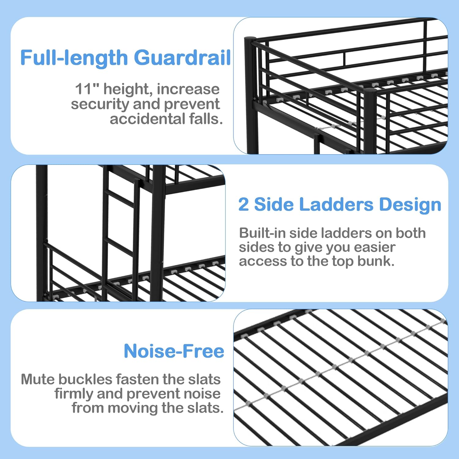 VECELO Bunk Bed Twin Over Twin with Trundle, Metal Bunkbeds with Ladder and Full-Length Guardrail - VECELO