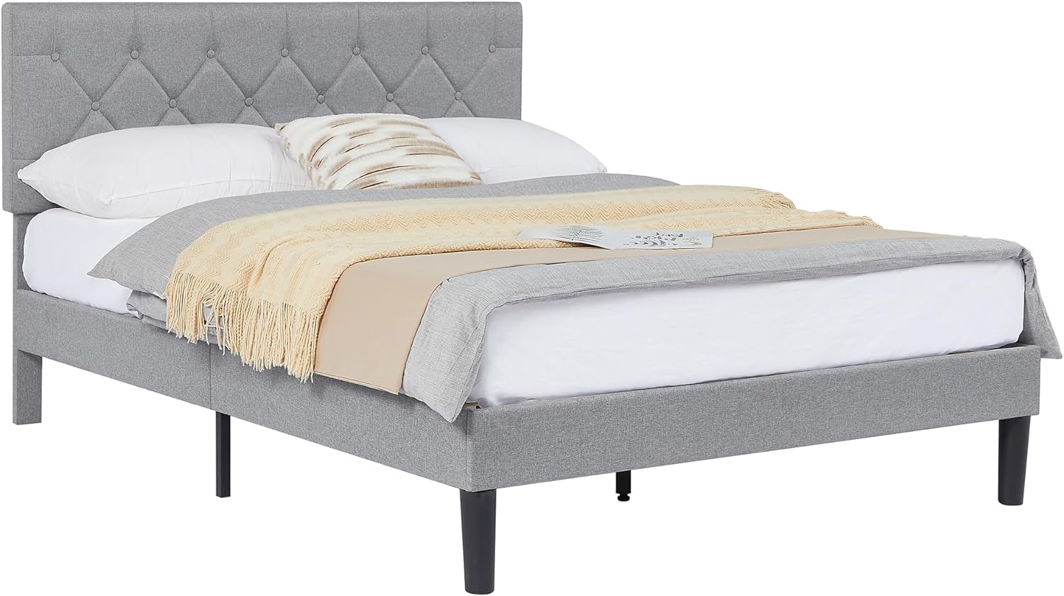 VECELO Bed Frame, Upholstered Platform with Adjustable Diamond Tufted Headboard - VECELO