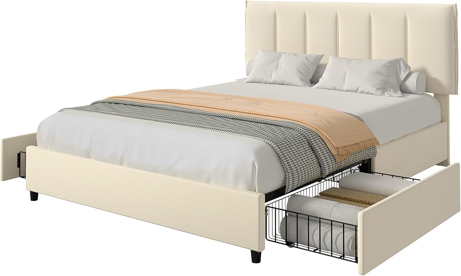 VECELO Upholstered Bed Frame with 4 Storage Drawers and Adjustable Velvet Headboard - VECELO