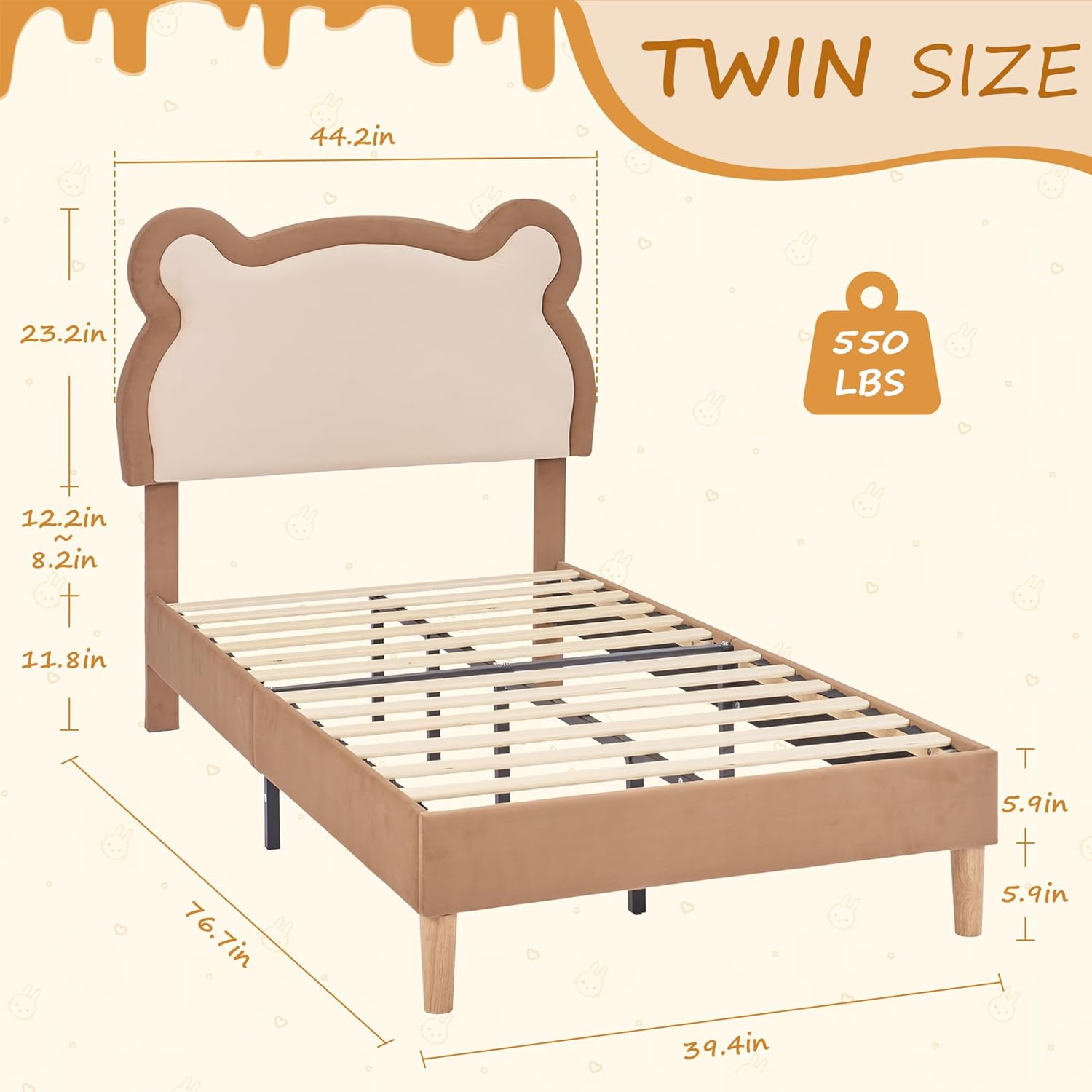 VECELO Twin Bed Frames for Kids, Upholstered Platform Bed with Adjustable Lovely Bear Headboard and 12 Solid Wooden Slats Support
