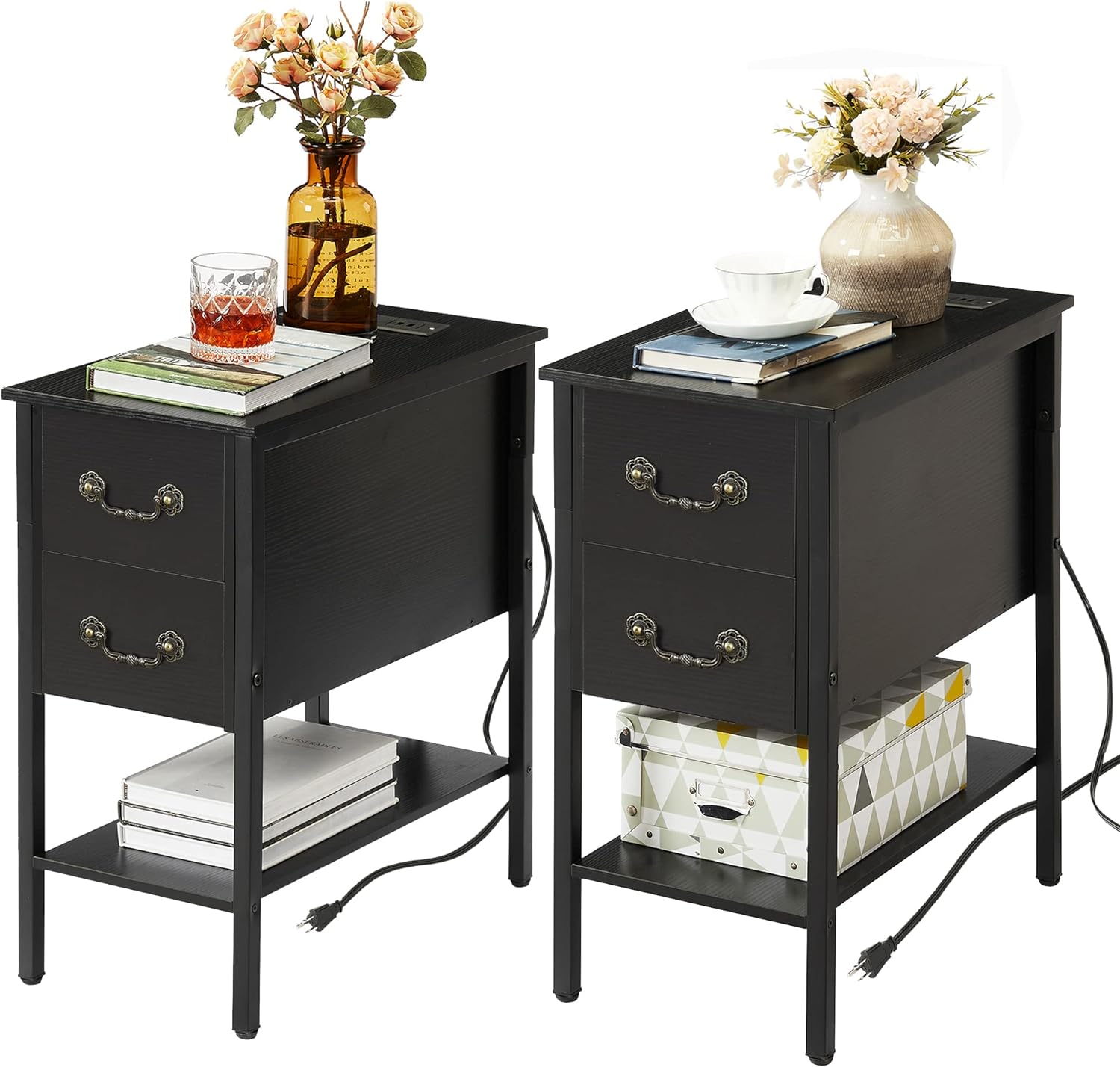 VECELO End Tables,Narrow Nightstands with Charging Station & USB Ports &Drawers - VECELO