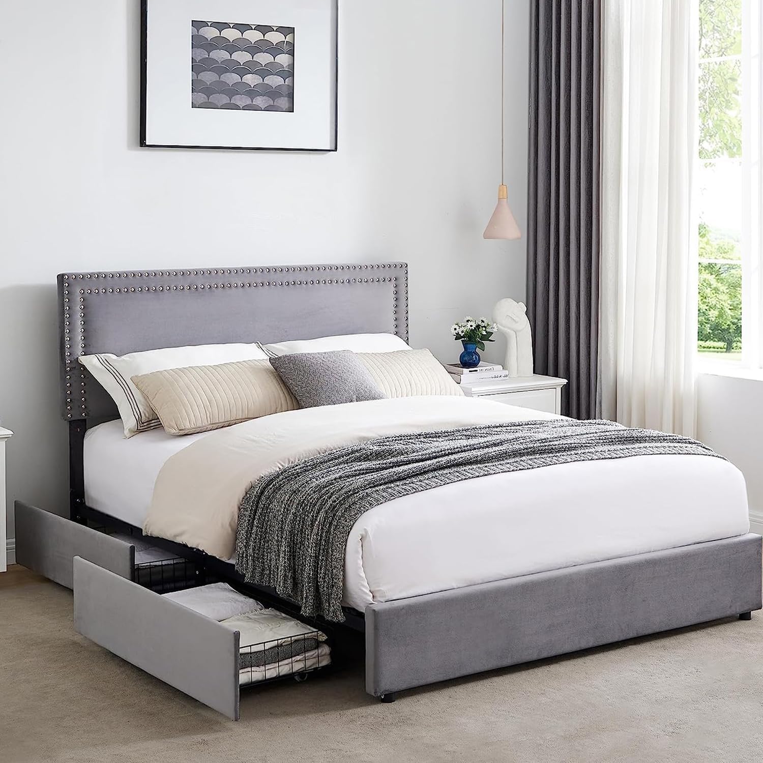 VECELO Upholstered Platform Bed Frame Platform with 4 Storage Drawers - VECELO