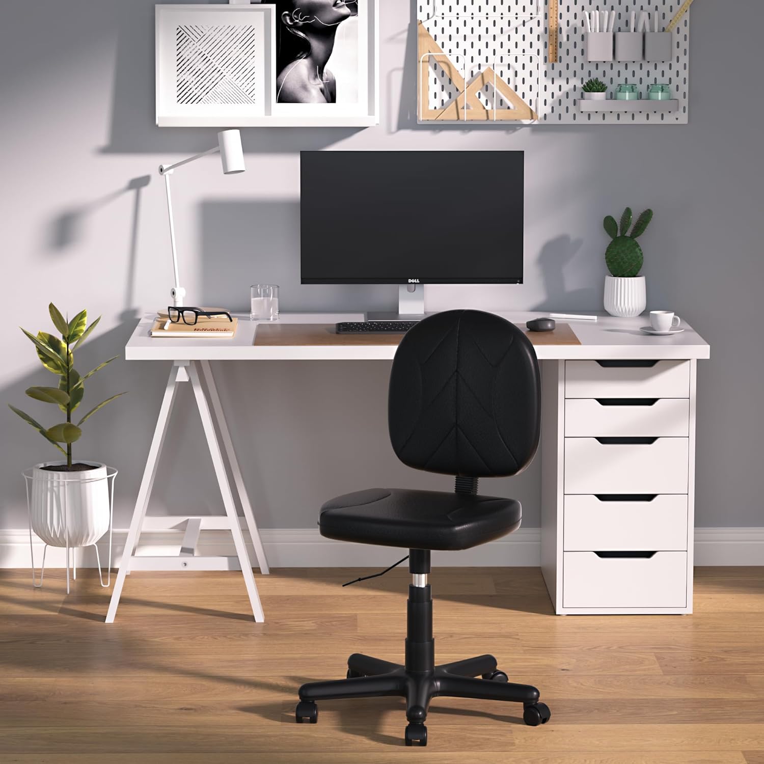 VECELO Small Desk Armless Low-Backrest PU Leather Ergonomic Computer Chair - VECELO