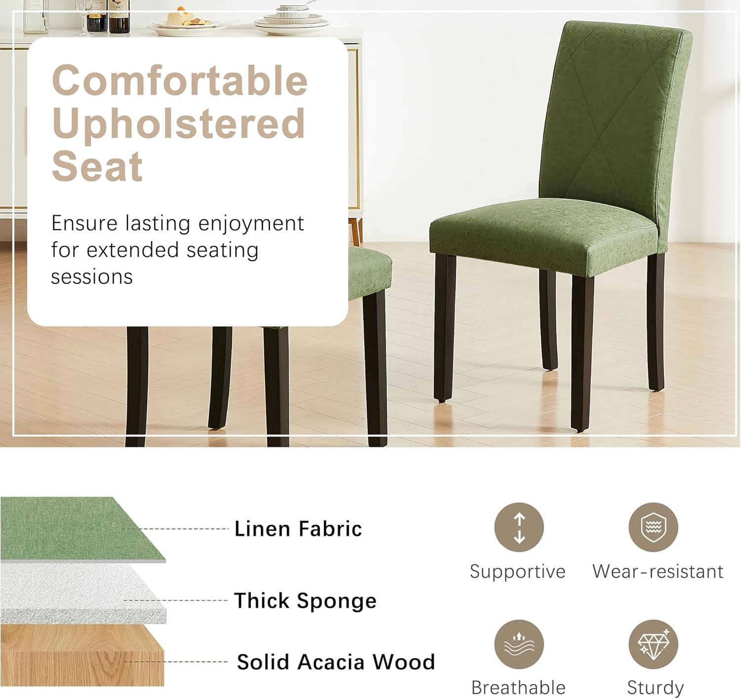 VECELO Upholstered Dining Chairs Set of 2 Modern Fabric and High Back & Solid Wood Legs for Kitchen - VECELO