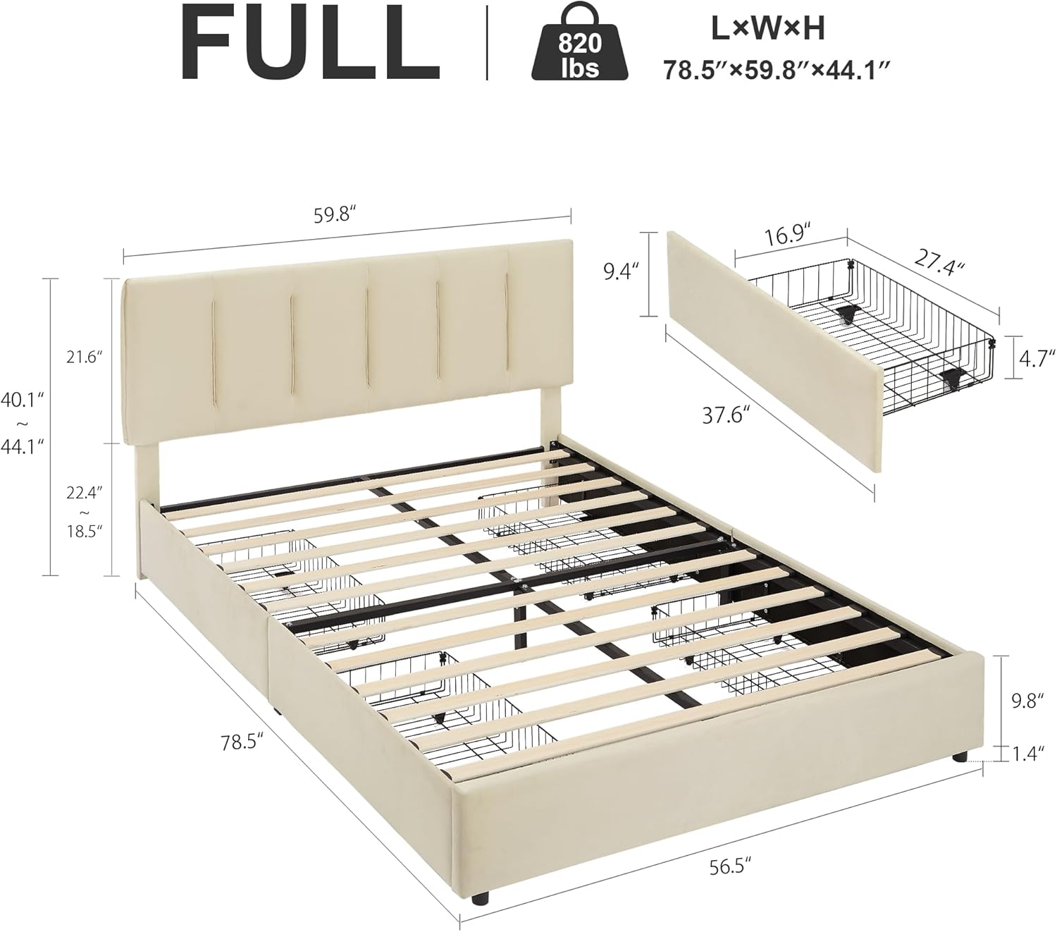 VECELO Upholstered Bed Frame with 4 Storage Drawers and Adjustable Velvet Headboard - VECELO