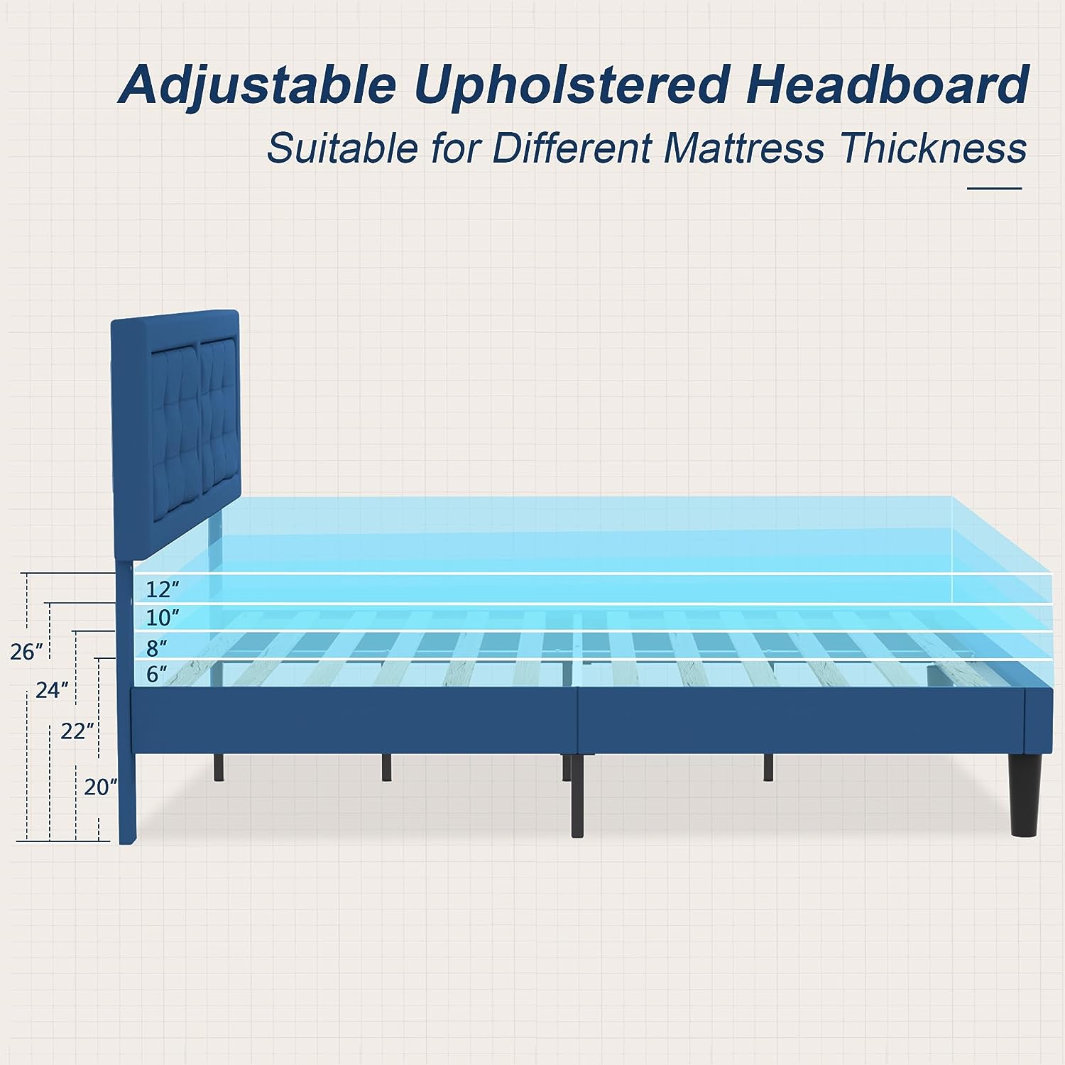 VECELO Upholstered Platform Bed Frame with Height Adjustable Headboard - VECELO