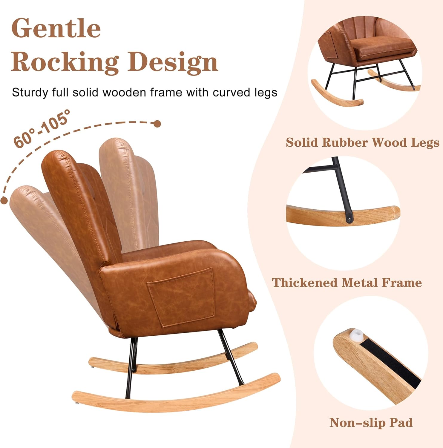 VECELO Rocking Chair Nursery with Thick Headrest, Modern Teddy Upholstered Reading Glider Rocker Accent Armchair with High Backrest - VECELO