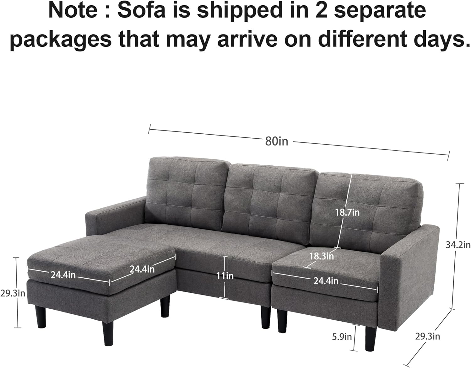 VECELO Convertible Sectional Sofa Modern Linen Fabric L-Shaped Couch with Reversible Chaise - VECELO