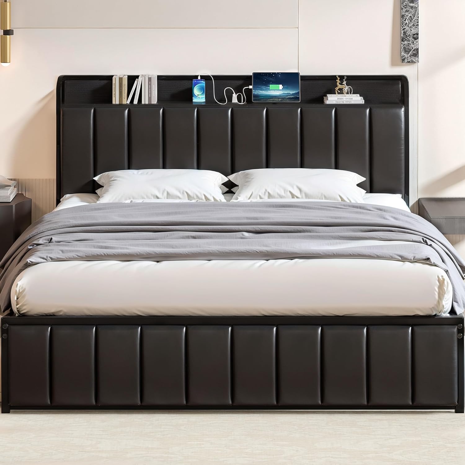 VECELO Twin Bed Frame, Storage Upholstered Headboard with Charging Station - VECELO