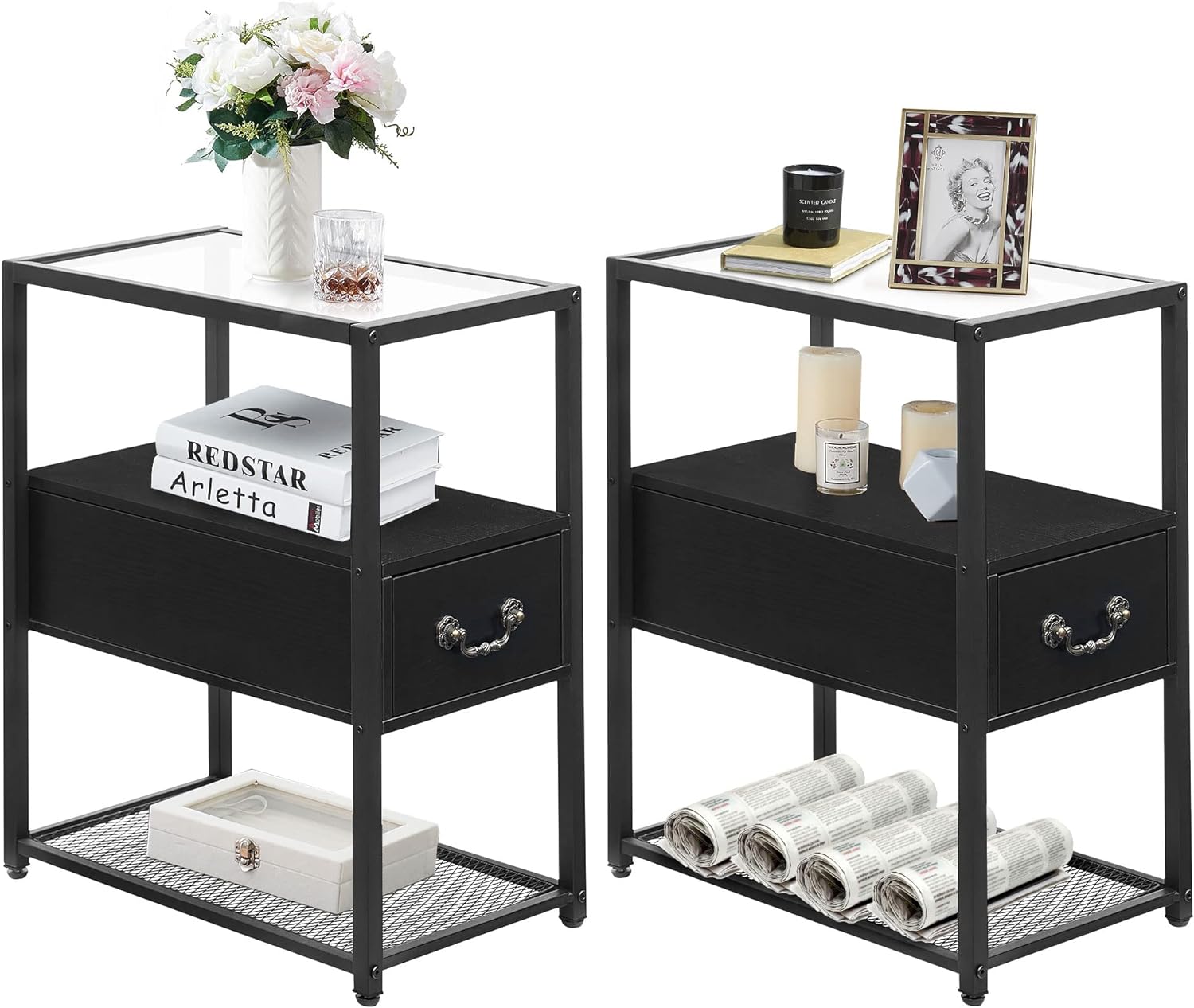 VECELO Glass End Side Table Narrow Nightstand with Drawer - VECELO