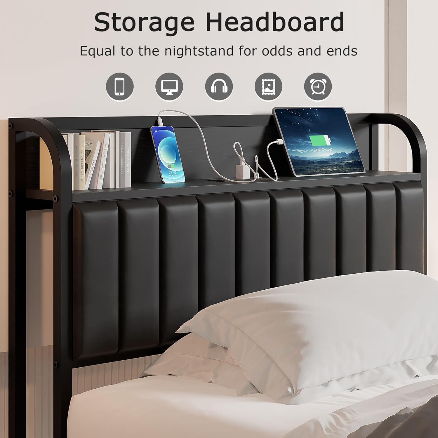VECELO Twin Bed Frame, Storage Upholstered Headboard with Charging Station - VECELO