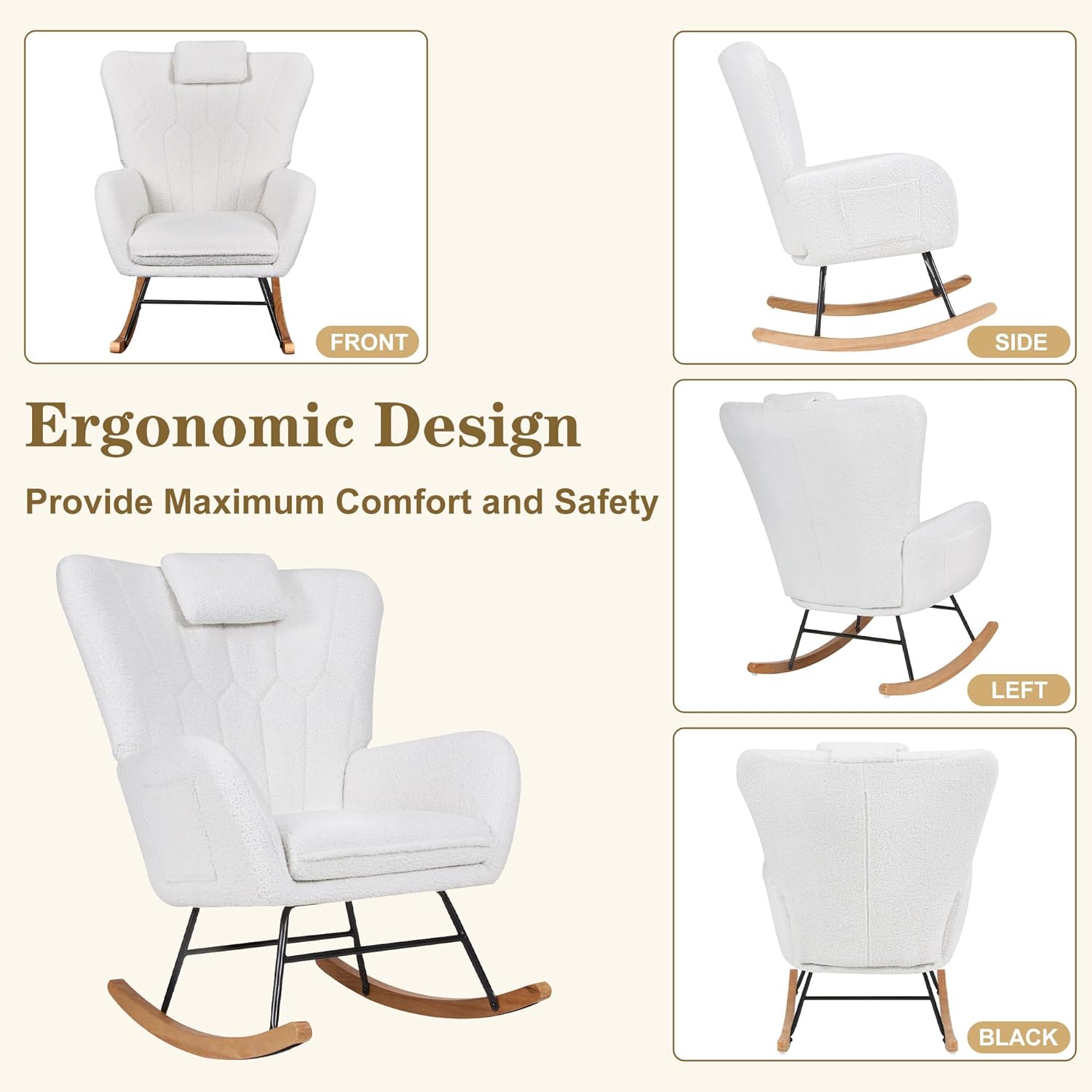 VECELO Rocking Chair Nursery with Thick Headrest, Modern Teddy Upholstered Reading Glider Rocker Accent Armchair with High Backrest - VECELO