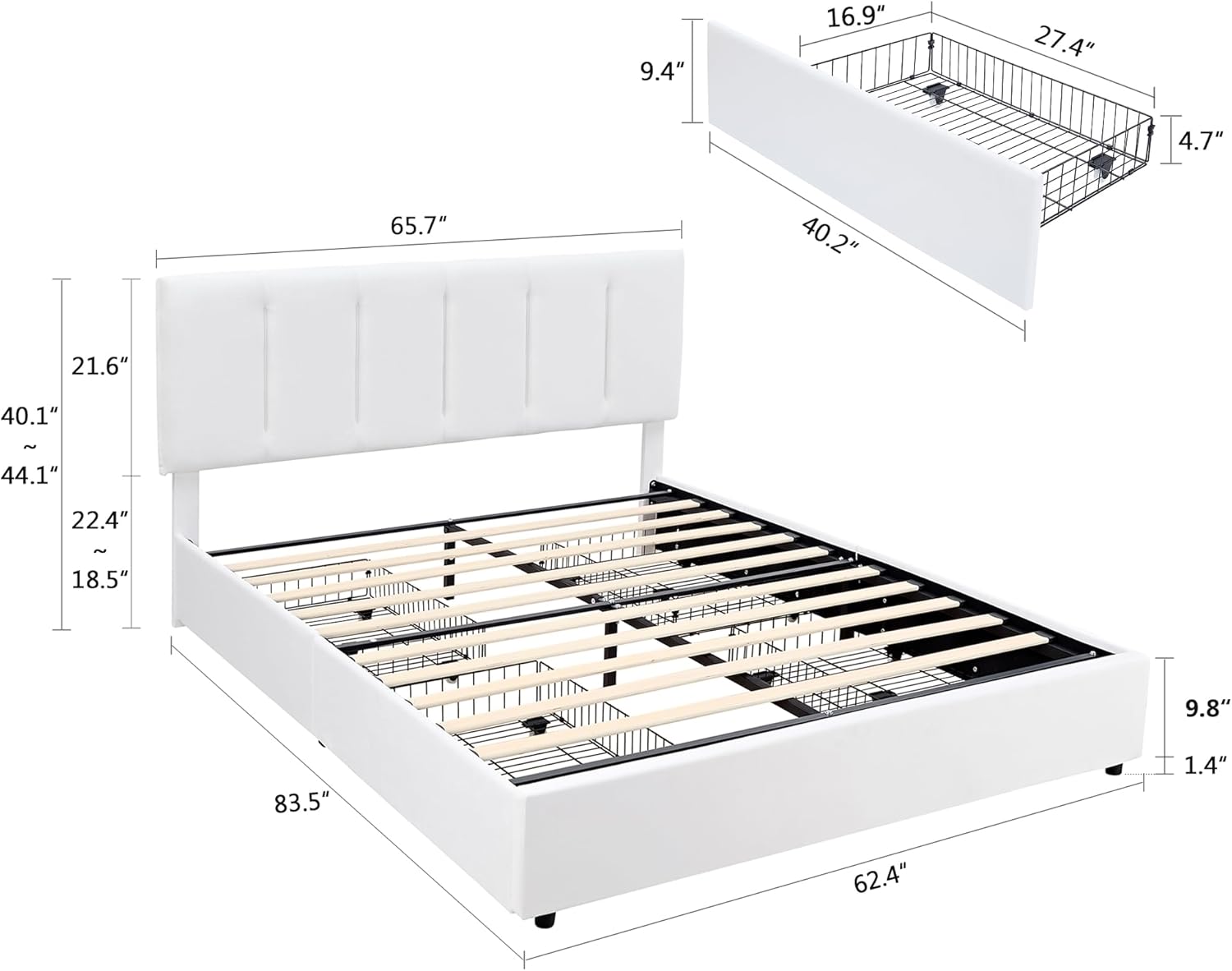 VECELO Upholstered Bed Frame with 4 Storage Drawers and Adjustable Velvet Headboard - VECELO