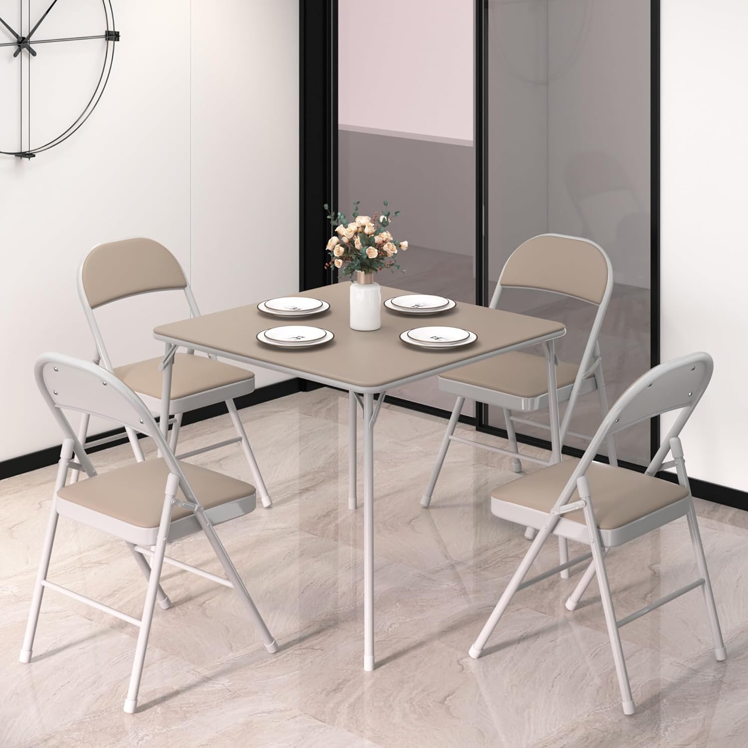 VECELO Portable Folding Card Table Square and Chair Sets with Collapsible Legs & Vinyl Upholstery (5 PCS) - VECELO