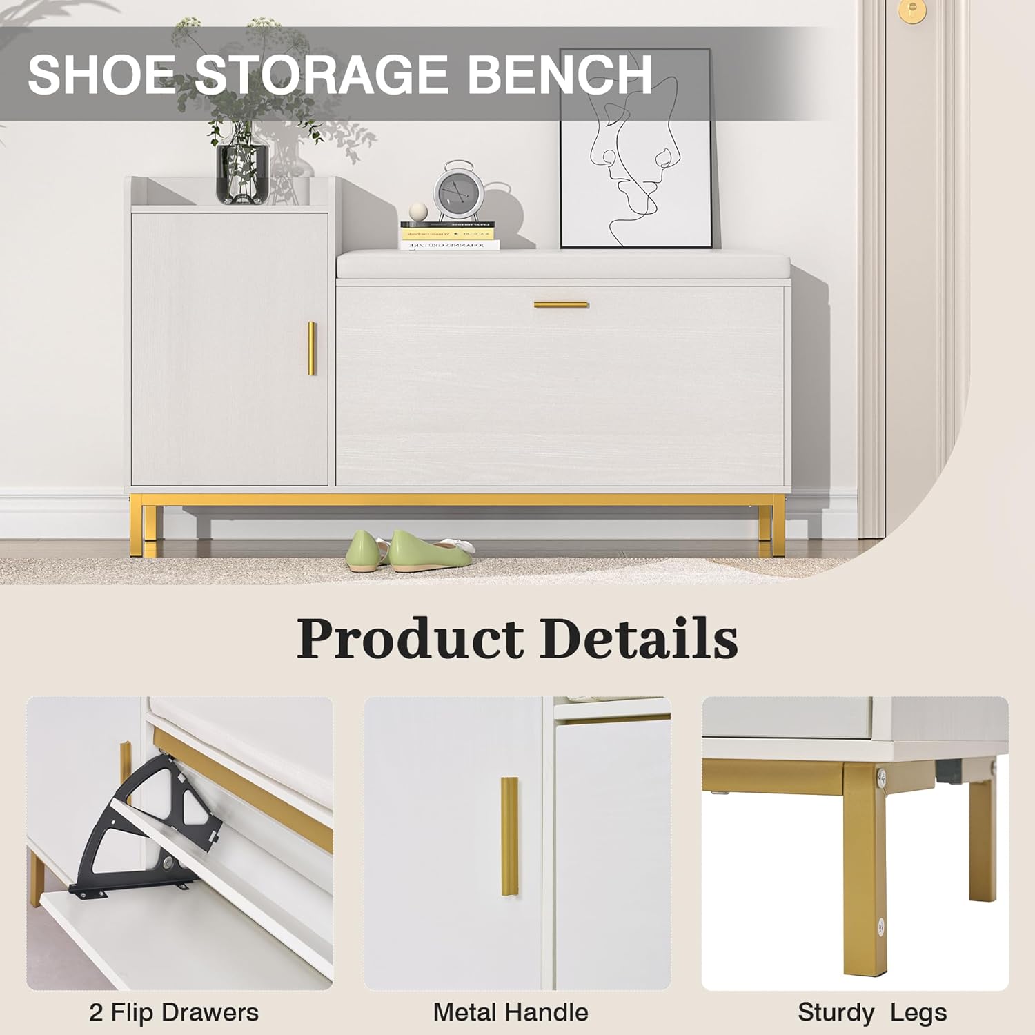 VECELO Shoe Storage Bench with Flip Drawers Entryway Cabinet with Removable Seat Cushion - VECELO