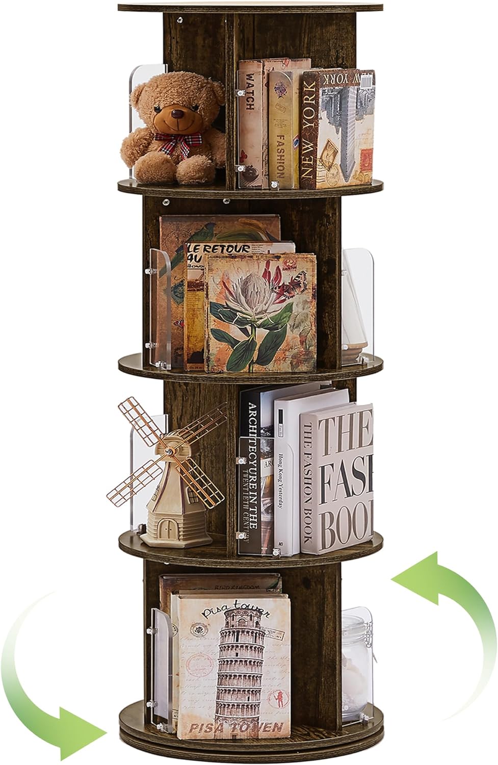 VECELO Rotating Bookshelf with Acrylic Display Window Partition - VECELO
