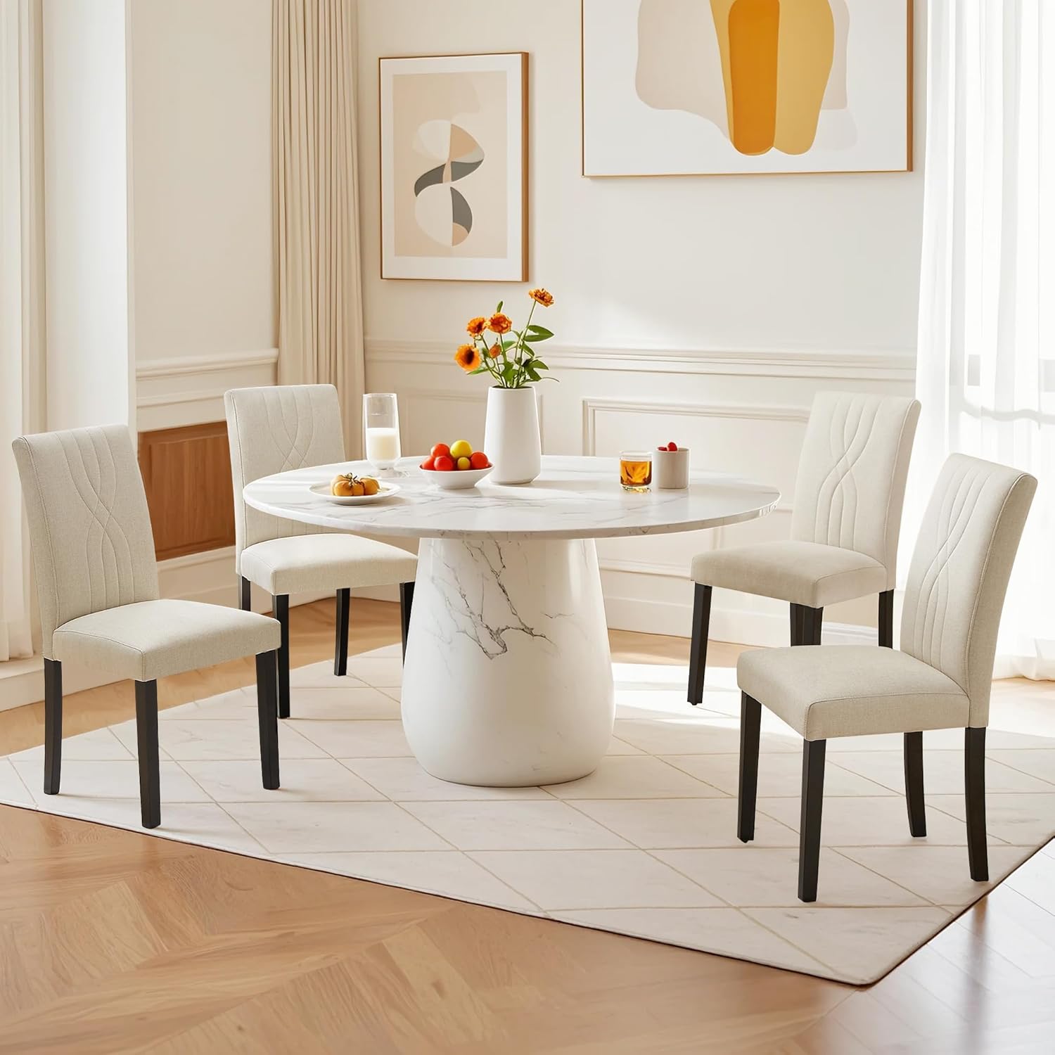 VECELO Upholstered Dining Chairs Set of 2 Modern Fabric and Solid Wood Legs & High Back - VECELO
