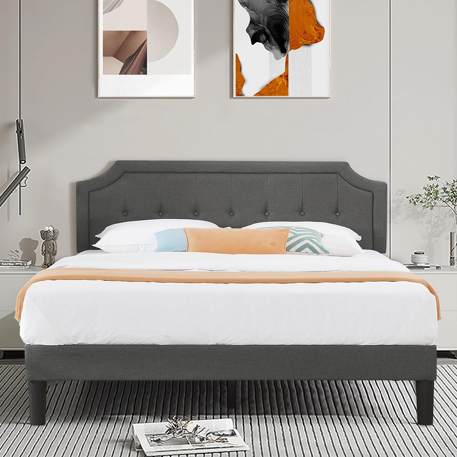 VECELO Premium Upholstered Platform Bed Diamond Stitched Panel Headboard - VECELO