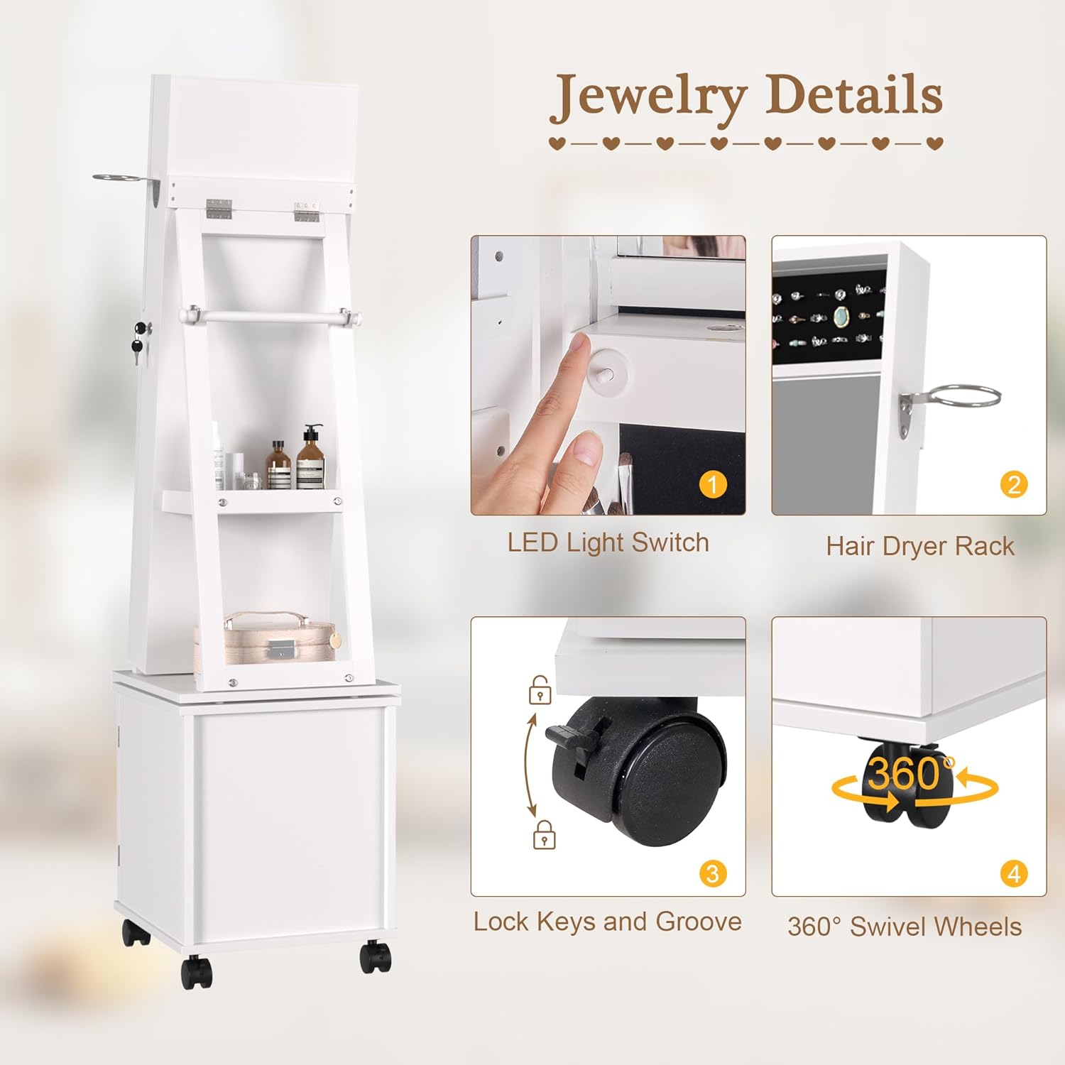 VECELO Lockable Standing Jewelry Armoire Organizer with Drawers and Shelf - VECELO