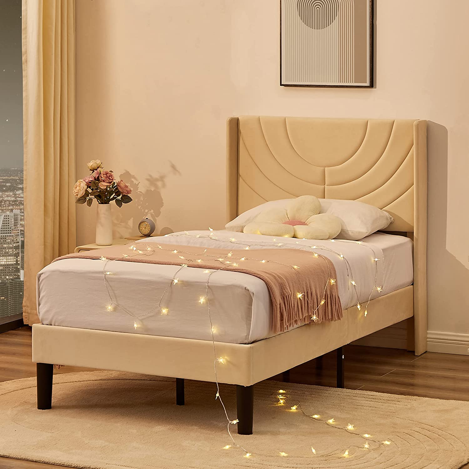VECELO Upholstered Platform Bed Frame with Adjustable Fabric Headboard - VECELO