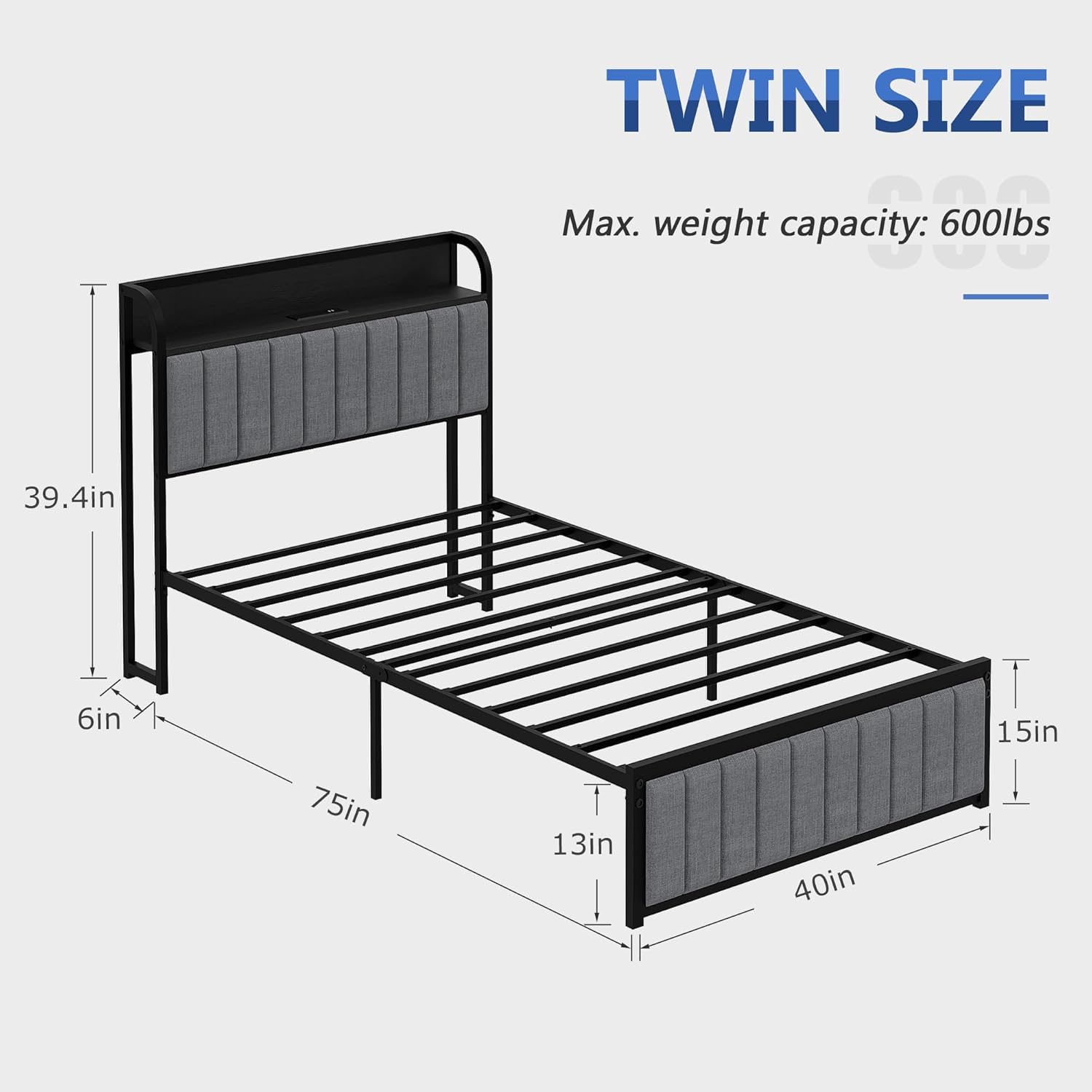 VECELO Twin Bed Frame, Storage Upholstered Headboard with Charging Station - VECELO