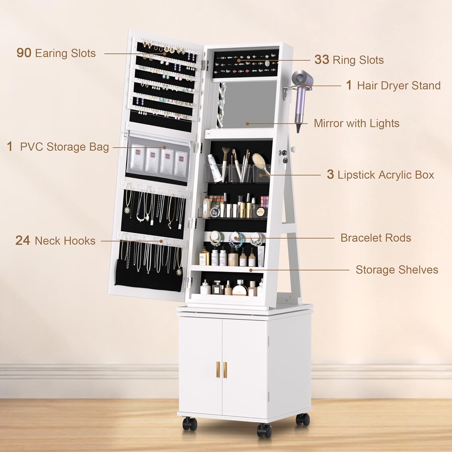 VECELO Lockable Standing Jewelry Armoire Organizer with Drawers and Shelf - VECELO