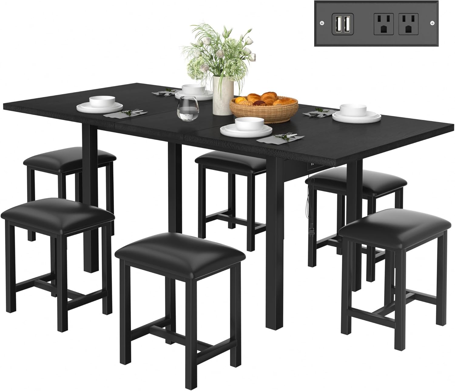 VECELO 7-Piece Dining Table Set with 6 Square Stools