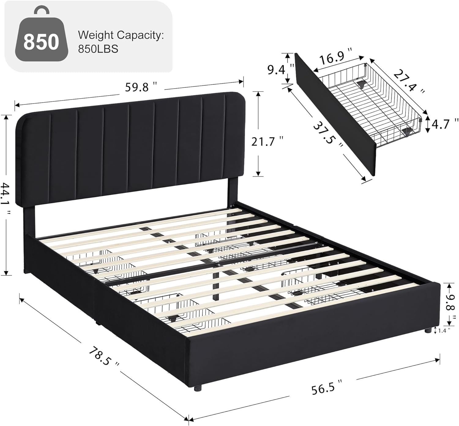 VECELO Upholstered Bed Frame with 4 Drawers and Adjustable Headboard - VECELO