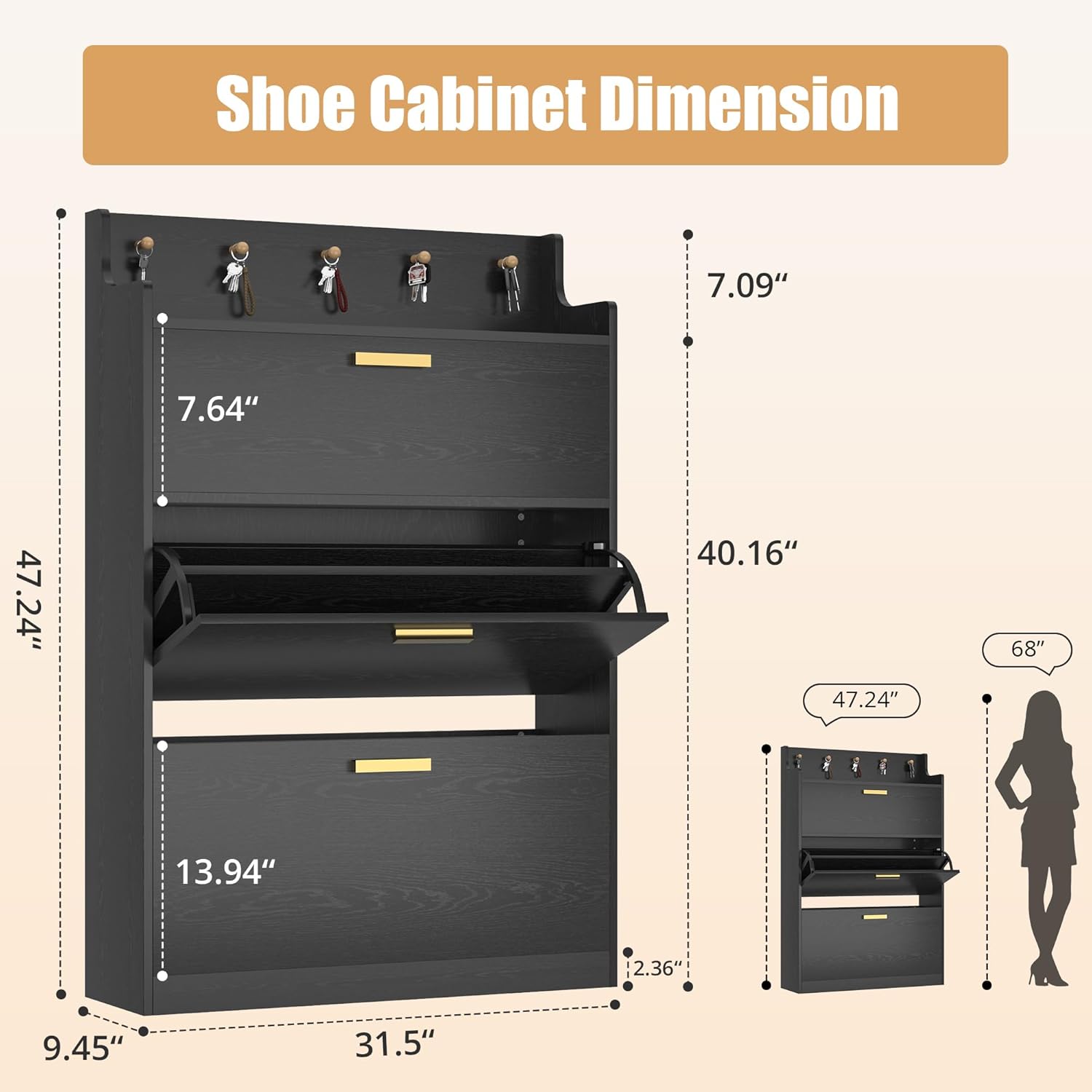 VECELO Shoe Cabinet with 2 Flip Drawers for Entryway