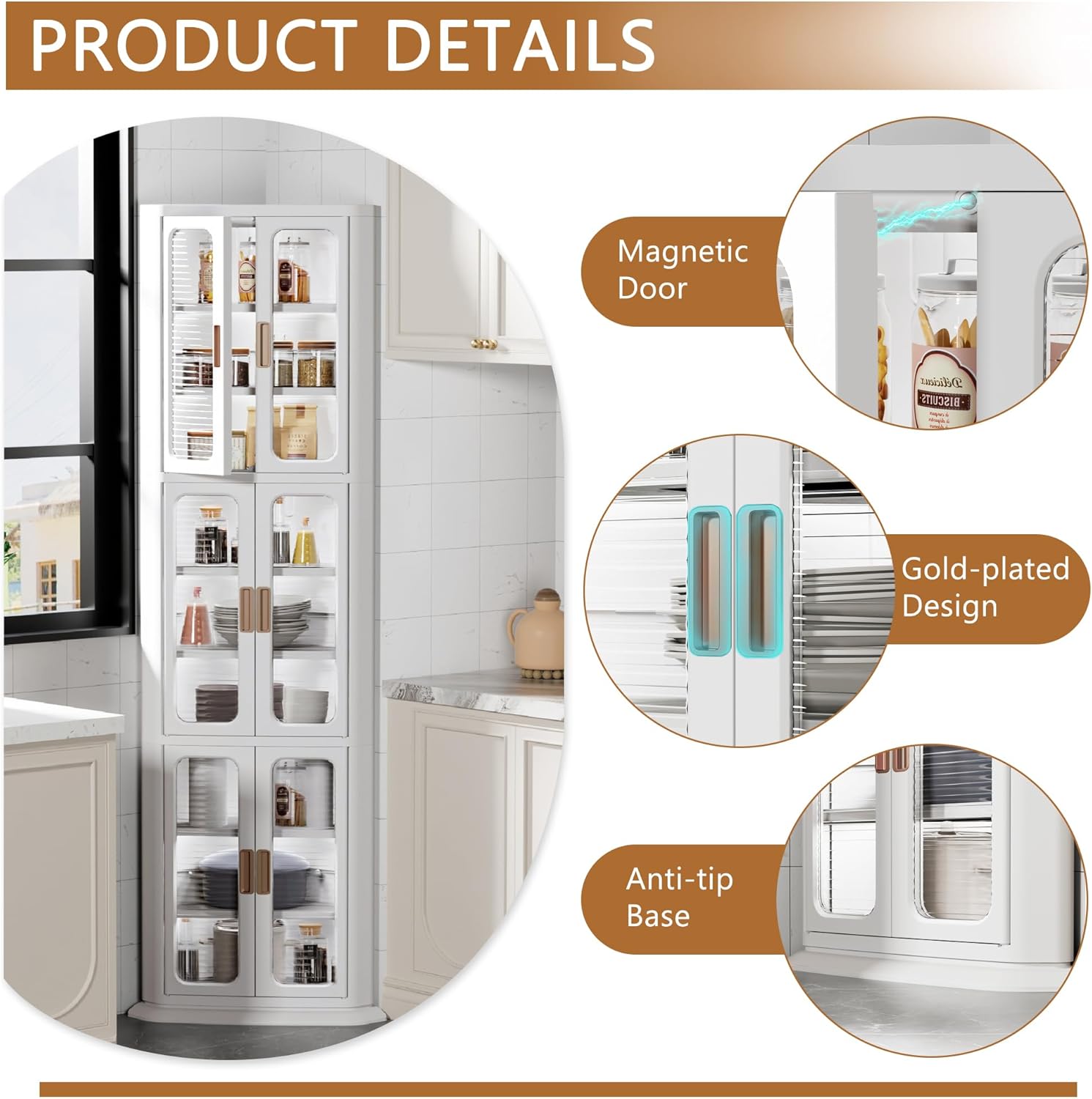 VECELO 3-Tier Tall Corner Cabinet with Doors & Adjustable Shelves