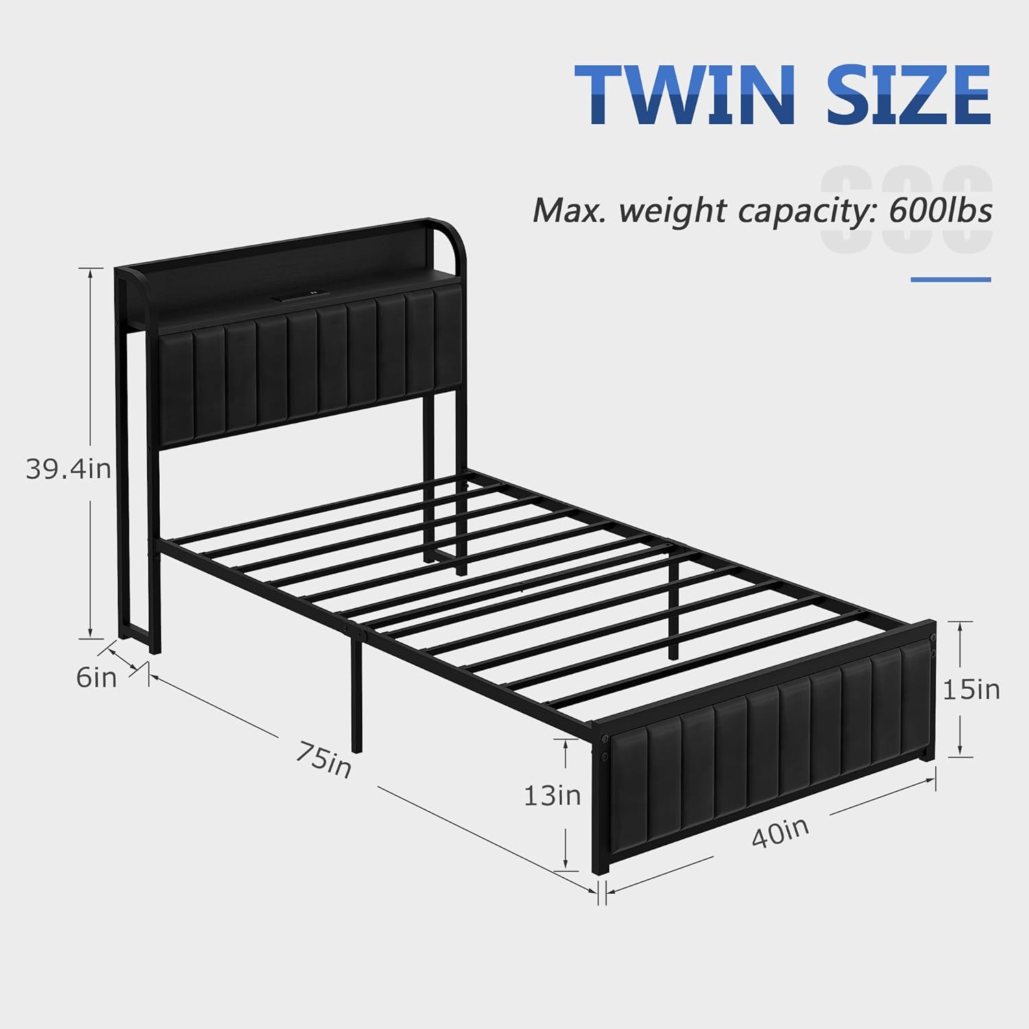 VECELO Twin Bed Frame, Storage Upholstered Headboard with Charging Station - VECELO