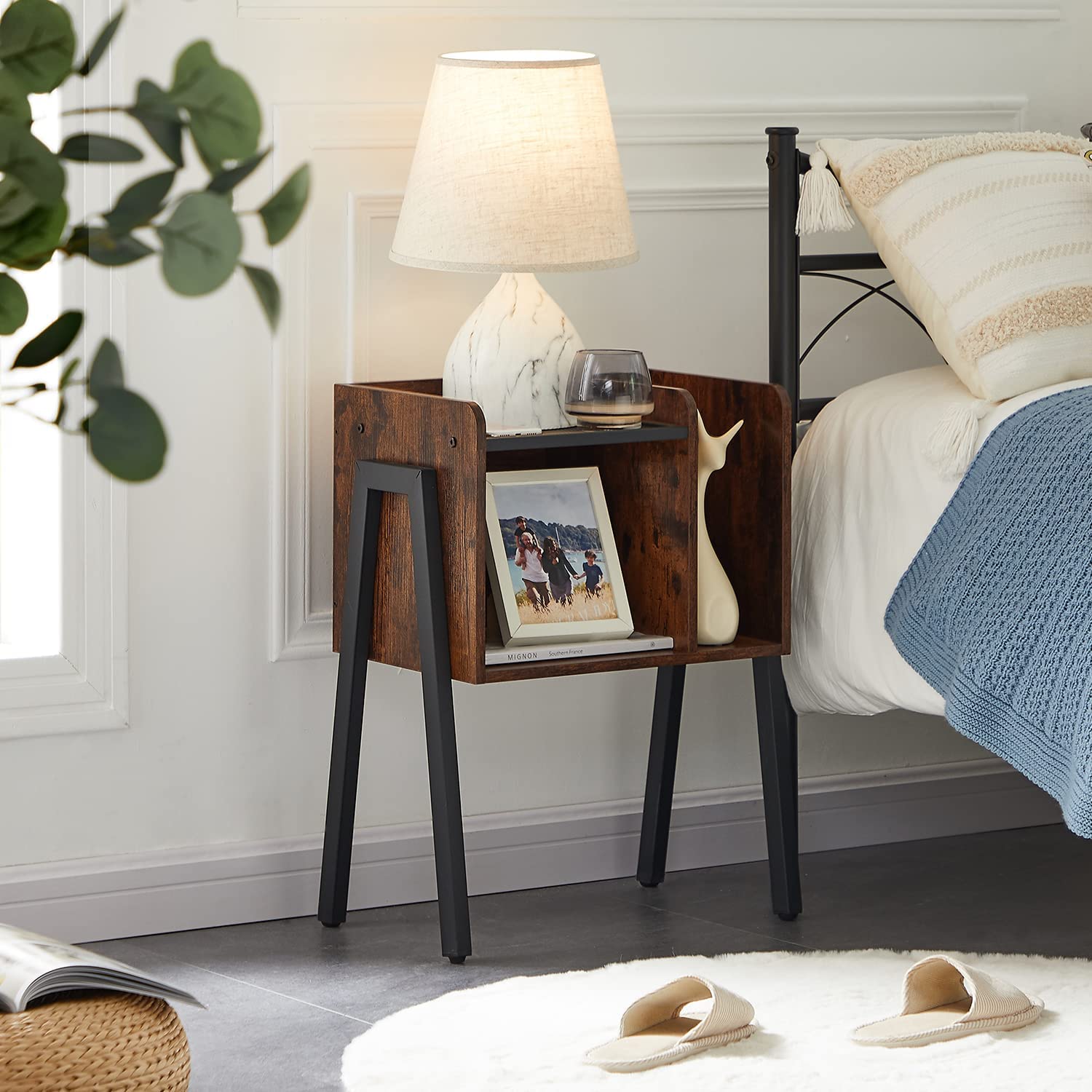 VECELO Industrial Side End Table/Nightstand Stackable Accent Furniture with 2-Tier Open Storage Compartments - VECELO