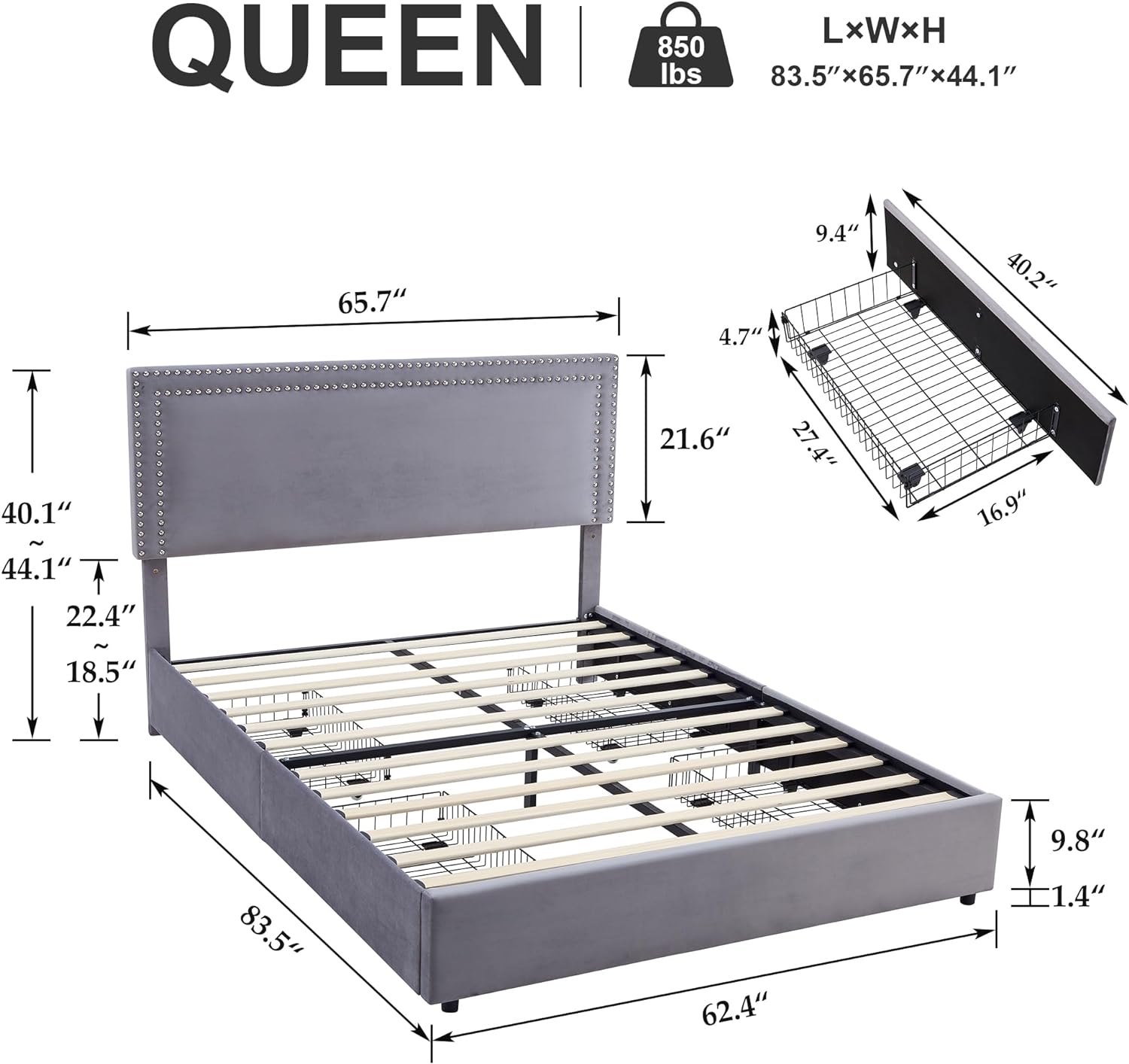 VECELO Upholstered Platform Bed Frame Platform with 4 Storage Drawers - VECELO