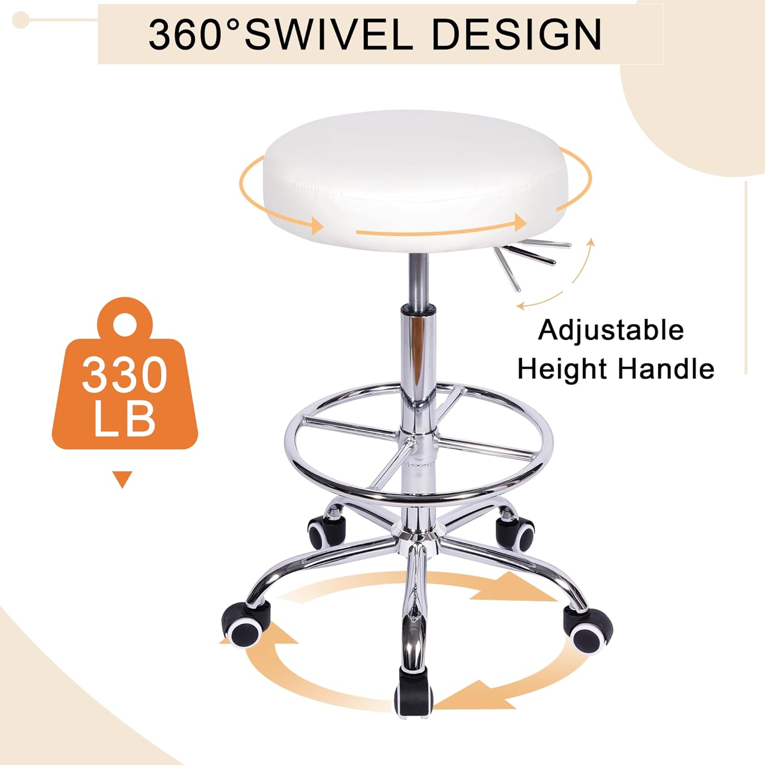 VECELO Round Rolling Stool with Footrest and Wheels - VECELO