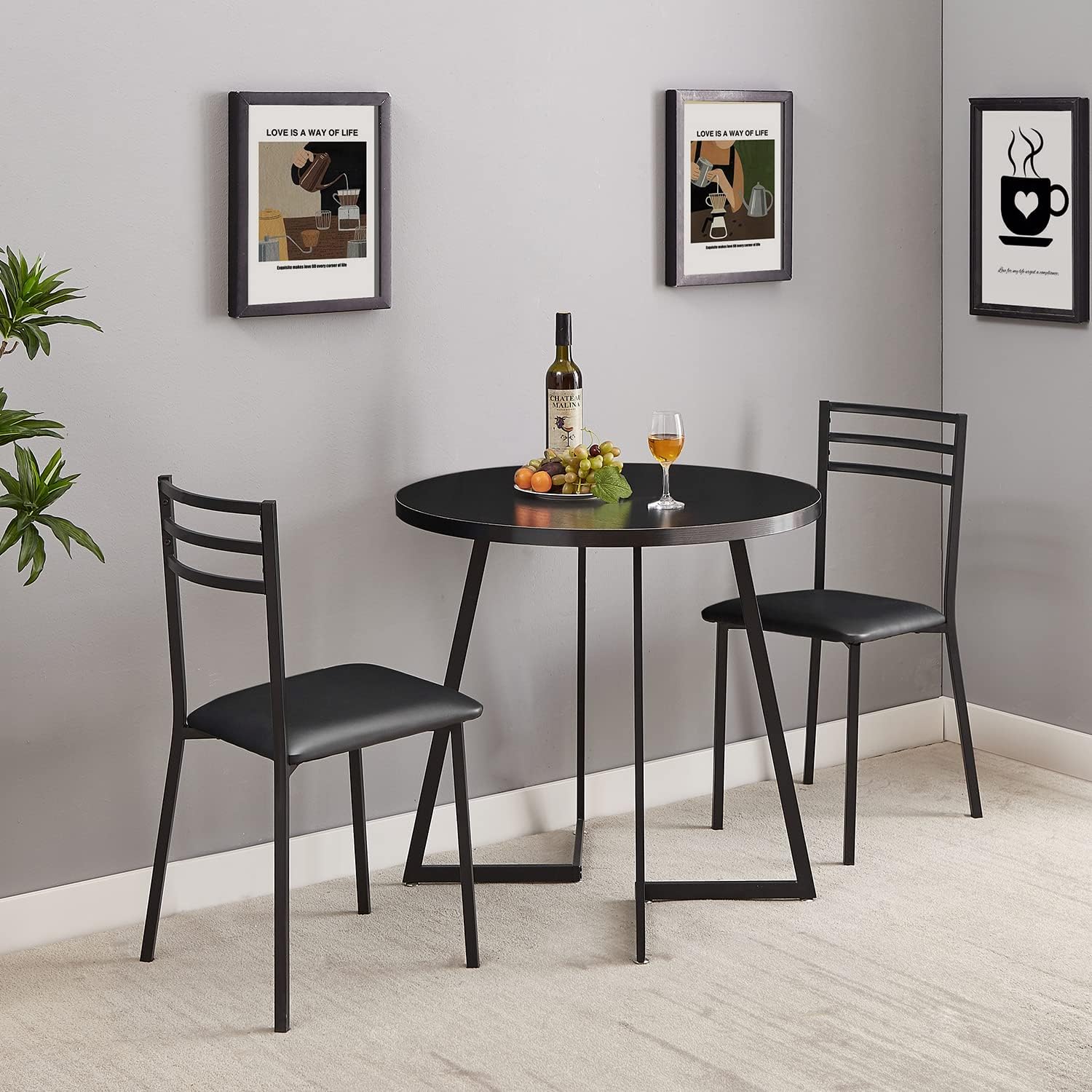 VECELO Round Dining Room Table with Wood Grain Tabletop and Steel Frame - VECELO