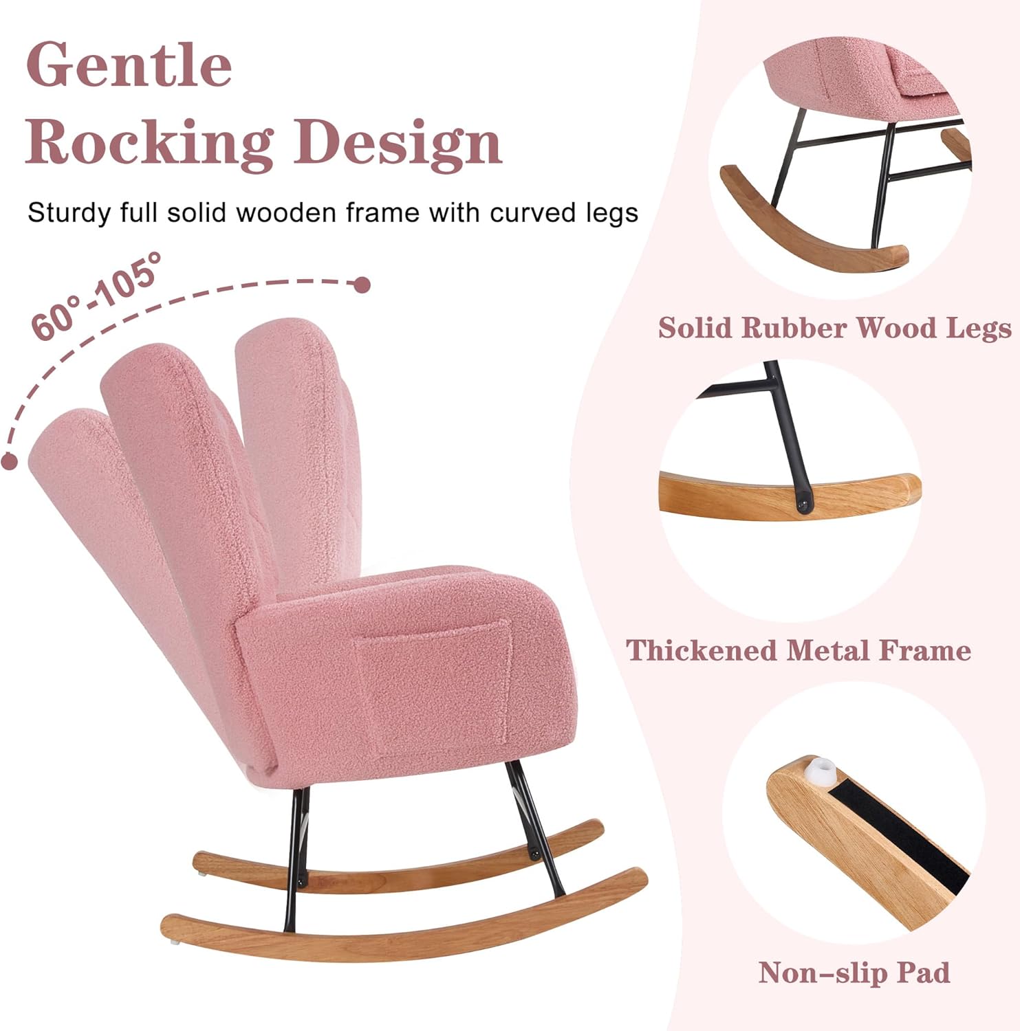 VECELO Rocking Chair Nursery with Thick Headrest, Modern Teddy Upholstered Reading Glider Rocker Accent Armchair with High Backrest - VECELO
