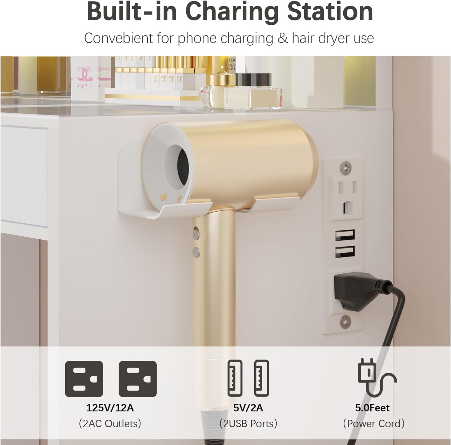 Vanity Desk Set with LED Adjustable Lighted Mirror & Power Outlet