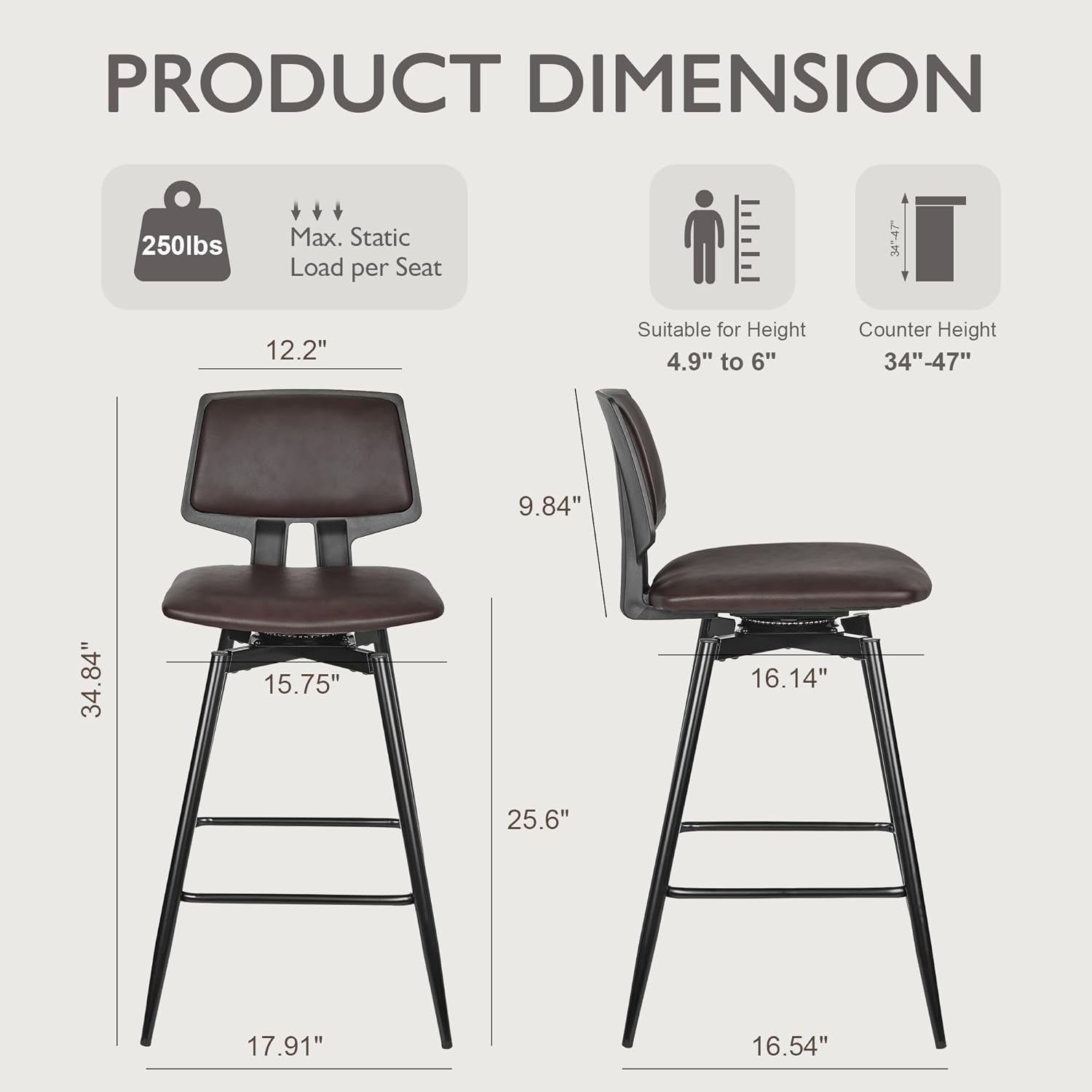 VECELO Swivel Upholstered Bar Stools Set of 2