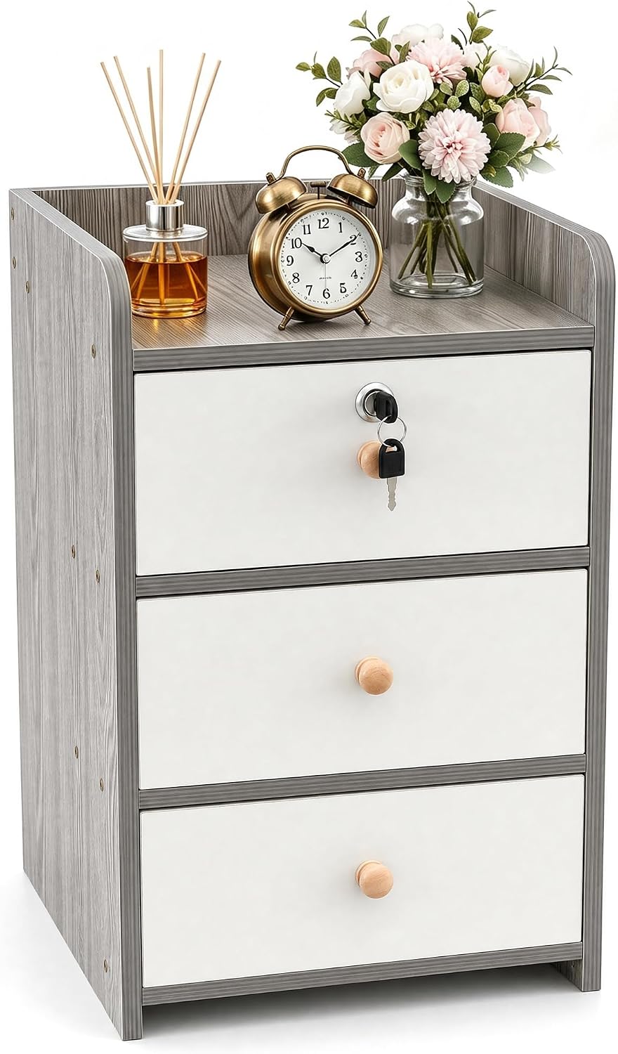 VECELO Nightstand with 3 Drawers Farmhouse End Table with Storage Bedside Night Stand for Bedroom Living Room