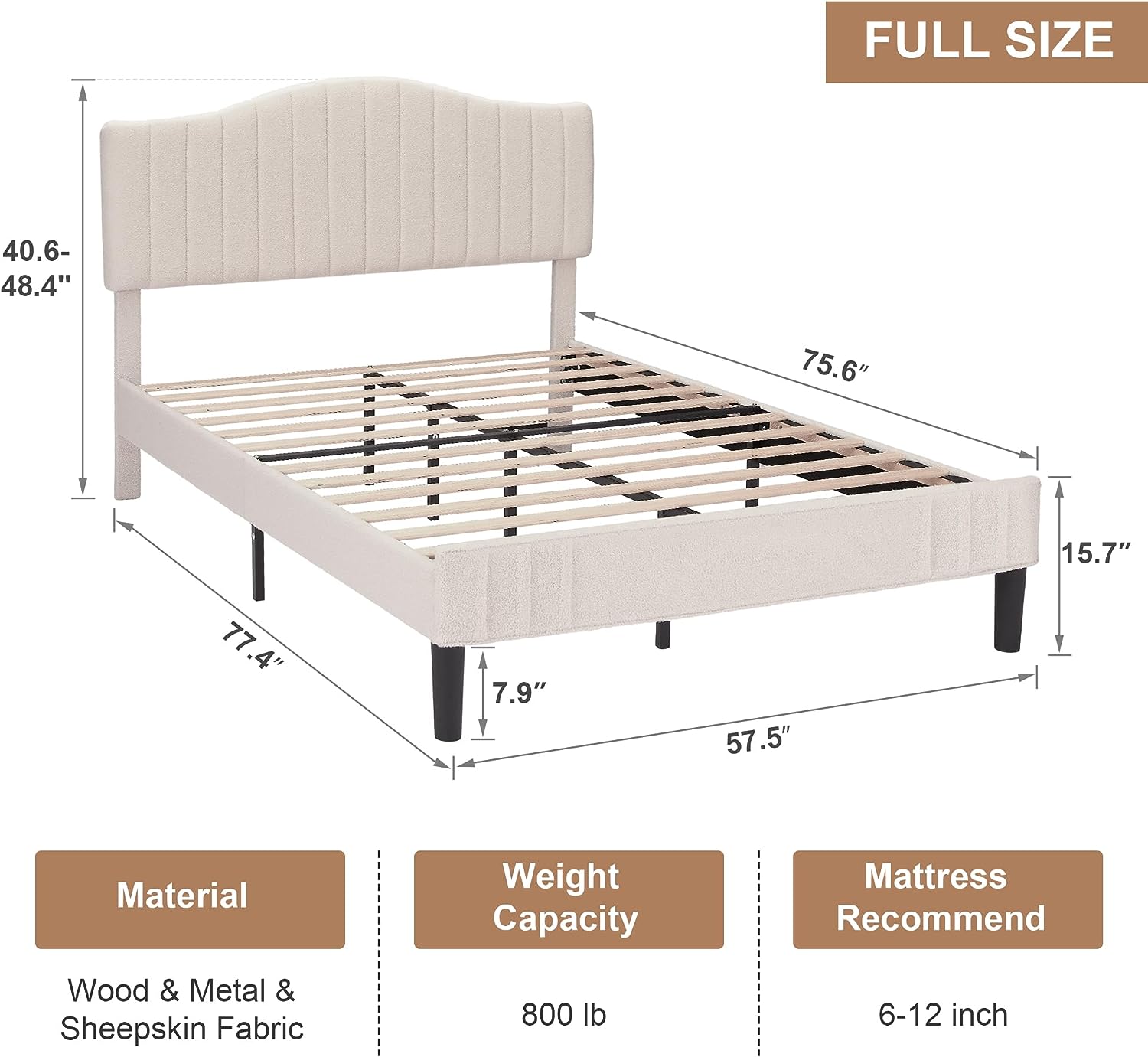 VECELO Upholstered Platform Bed Frame with Sheepskin Fabric Adjustable Headboard/Strong Wood Slats Supports - VECELO