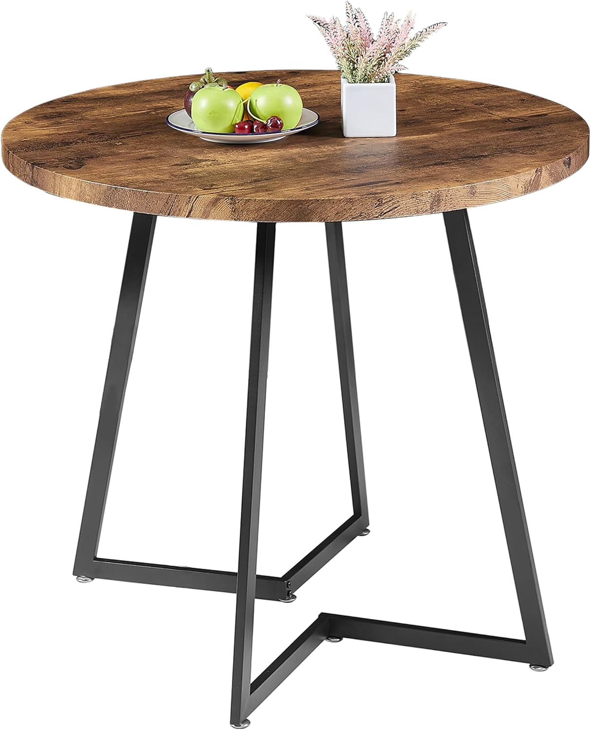 VECELO Round Dining Room Table with Wood Grain Tabletop and Steel Frame - VECELO