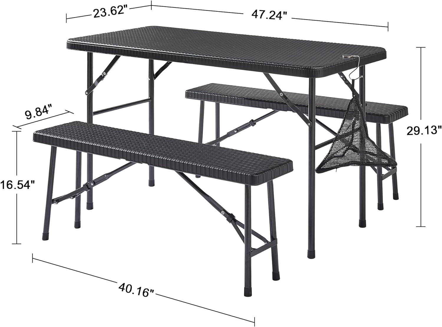 VECELO Dining Set for 4, Faux Rattan Folding Table with 2 Benches - VECELO
